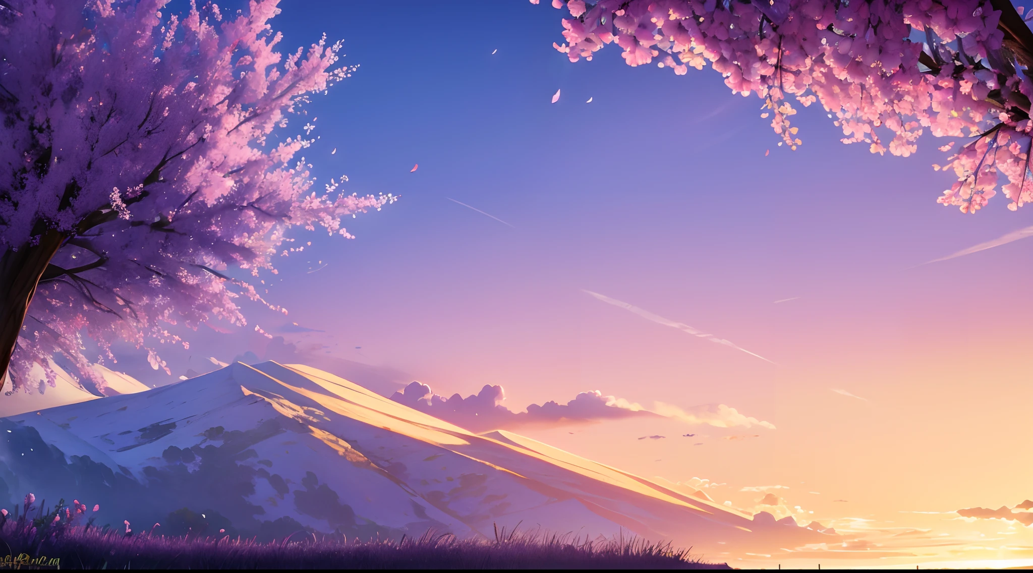 peach blossom tree, color purple Lavender color peach color and white combine in the purple and peach cloud sky