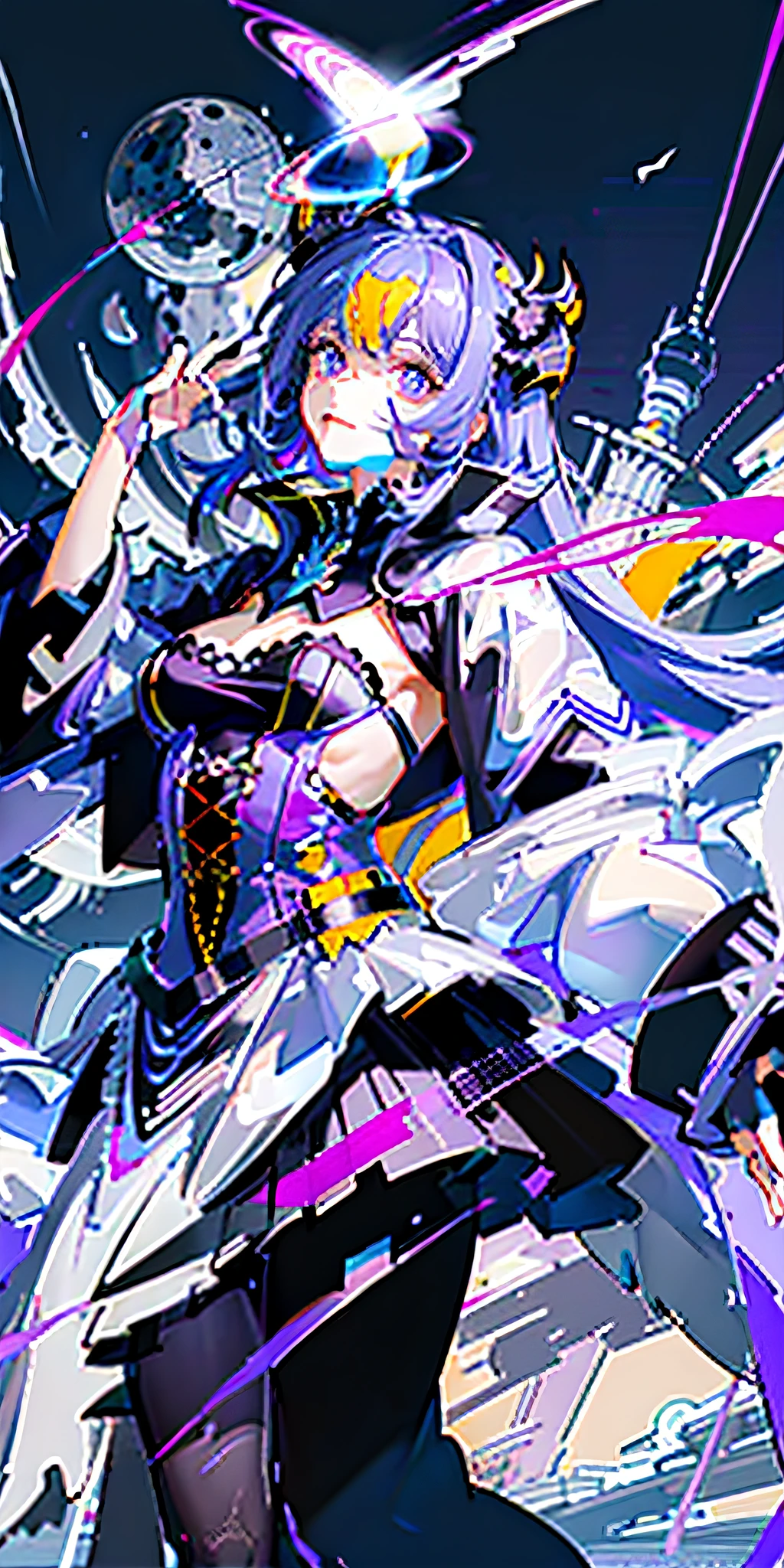 (Highest image quality),(A masterpiece),(Super meticulous),(Eye detail description:1.0),(lens flare glow:1.0),(filmposter:1.0),(Tarot border:1.0),The portrait is centered,(closeup cleavage:1.0),(Negative space:0.8),(Negative space:1.6),(独奏),(Beautiful detail halo:1.0),(Lean back:1.2),(Grim expression:1.0),(eyeslashes),(Long purple hair),(facing to audience:1.3),(Dynamic pose:1.1),(mini-skirts),(Purple eyes:1.4),Air bangs,Long jacket,(Flowing cloak: 1.0),(abstract backgrounds:1.4),(The upper part of the body:1.25),collofull eyes,raincoat,cropped shoulders,tightsuit, (Black finger gloves:1.3),Black-purple dragon horn,鎖骨,Black dragon wings,Redlip,