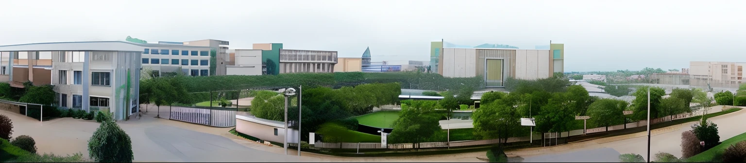 Beautiful campus with expansive views, dense with greenery, full building, in a panoramic view,wide wide shot, yard, wide long view,