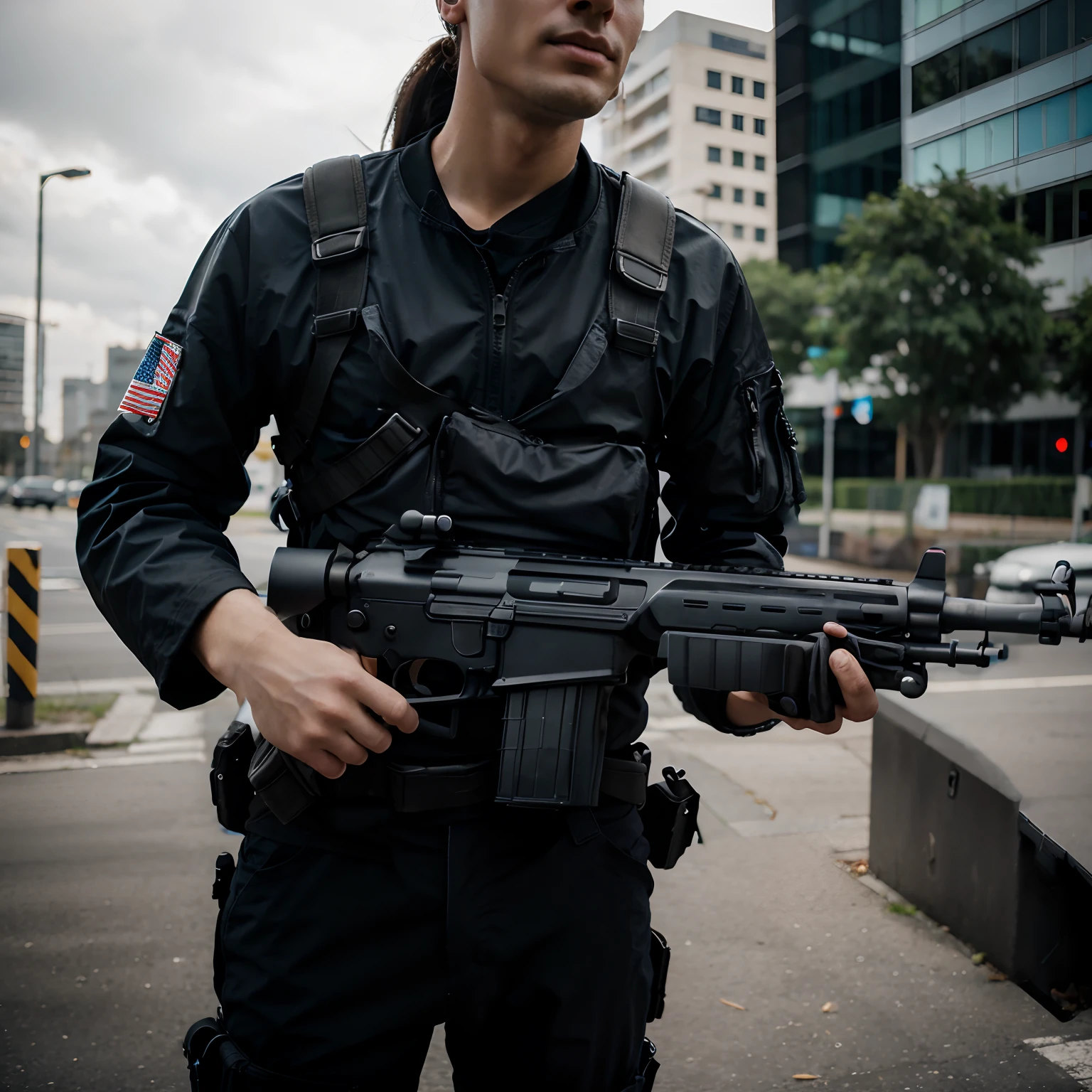 ((masterpiece)), ((best quality)), ((highres)), 1boy, solo, m4a1, rifle, trigger discipline, city background, police officer, pants,