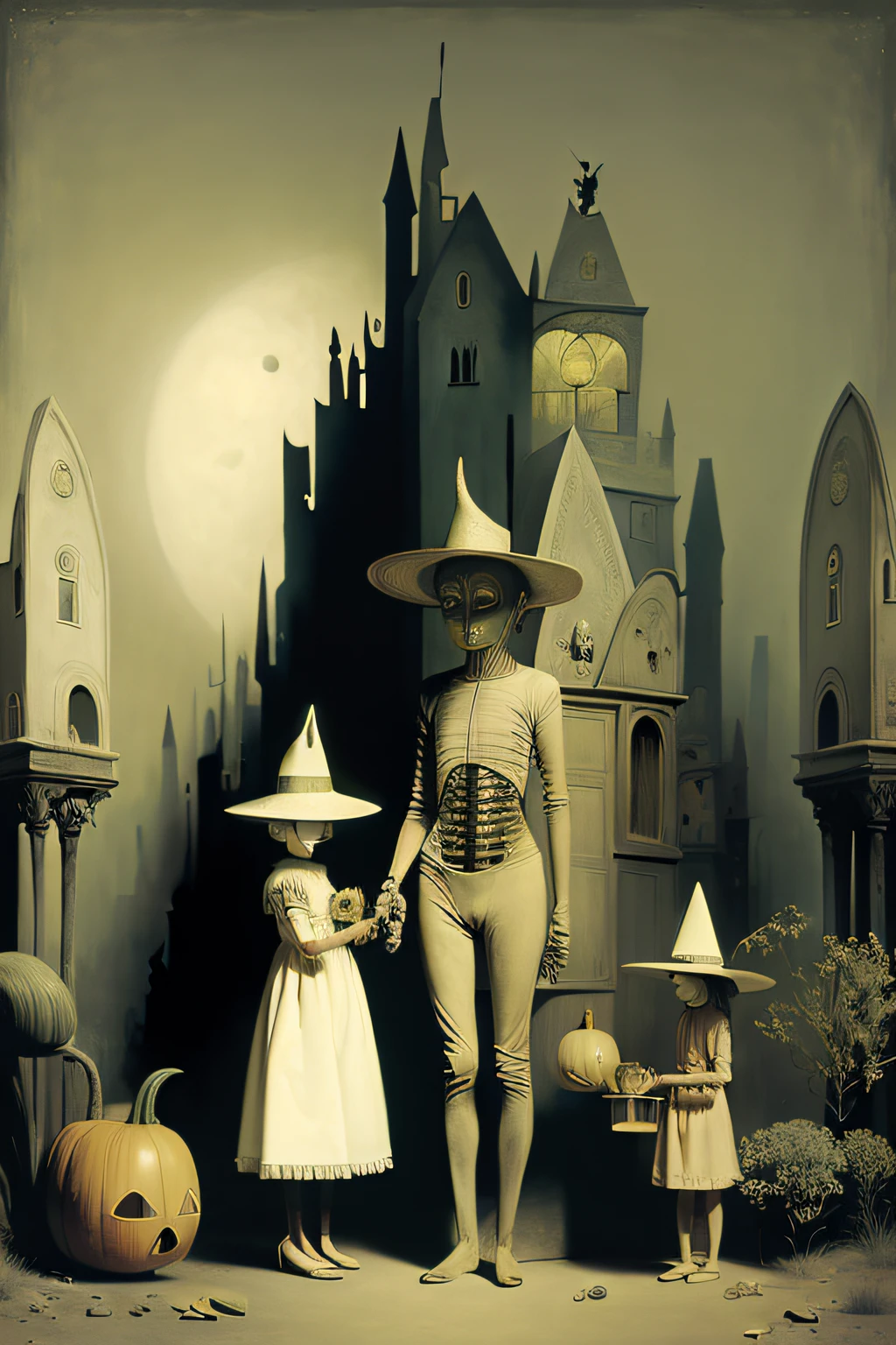 mummy halloween in a surreal paiting by Max Ernst, Paul Delvaux and Leonor Fini