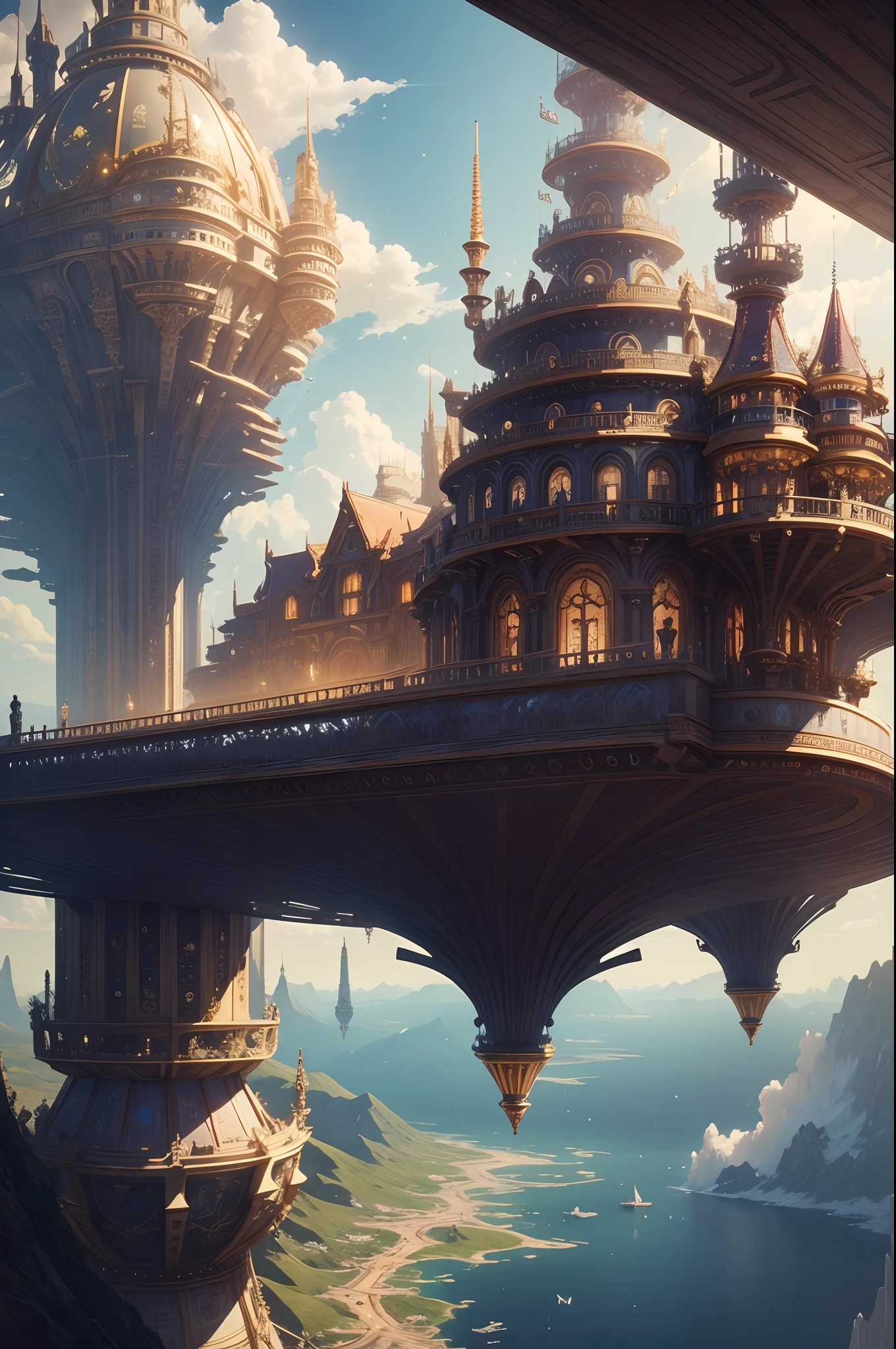 Masterpiece, top quality, best quality, official art, beautiful and aesthetic:1.2, extreme detailed, (fractal art:1.3) Ascend into the skies with the Steampunk Airship Villa, an opulent residence perched atop a floating airship. High above the world, your home offers panoramic views of distant horizons. Immerse yourself in a world of gears, brass, and adventure, as you navigate the heavens in style