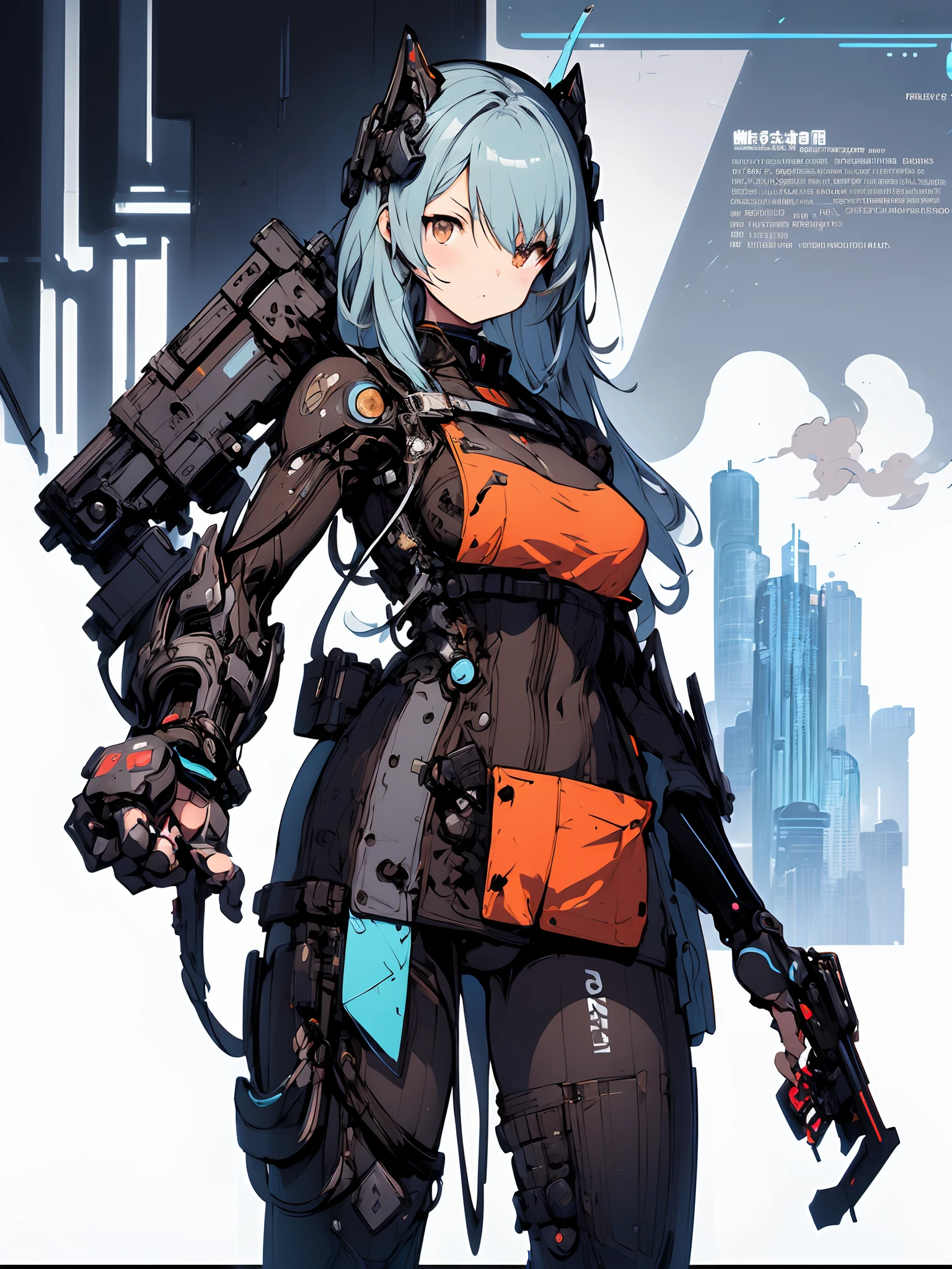 a painting of a woman with a gun and a sword, krenz cushart and wenjun lin, cyberpunk anime girl mech, krenz cushart and asher duran, painterly humanoid mecha, wlop and krenz cushart, illustration concept art, guweiz, krenz cushart and artem demura, female mecha, (cute illustration:1.5), (cute,kawaii,sweet:1.2),
(1girl:1.4), bodysuit, cyborg girl,
hyper gigantic mechanical hands,dynamic pose, 
nice hands, perfect hands, incredibly cinematic, best quality, best resolution