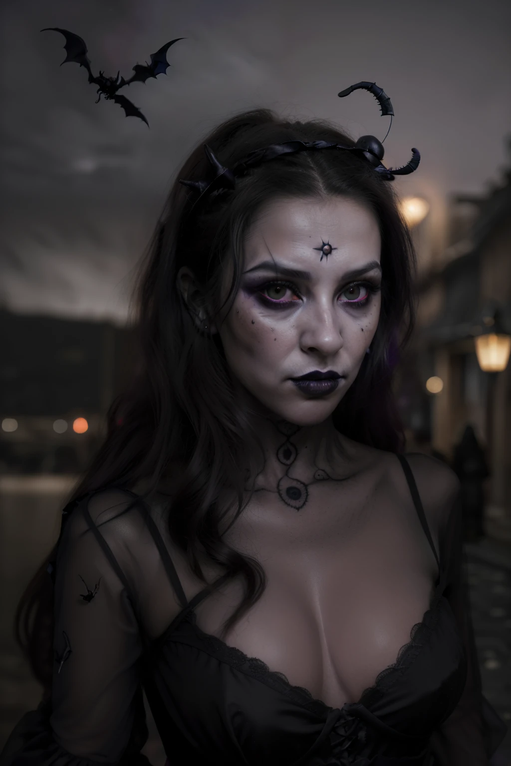 La mejor calidad,Ultra detallado,realista:1.37,vivid colors,Retratos,horror,Ojos y labios detallados,2 young girls,Vestidos de vampiros,caminando por una calle iluminada por farolillos,atmosfera oscura,Shadowy Shadows,Gothic fashion,maquillaje espeluznante,foco nítido,Escena nocturna,Backdrop of the cityscape,Decoraciones de calabaza,Deep crimson red and purple color scheme,Ambiente misterioso,inquietantemente hermosa,ethereal glow,Impressive attention to detail,Presencia imponente,Sinister atmosphere,Peinados inmaculados con accesorios oscuros,miradas hipnotizantes,Inquietantemente seductor,Possessed Eyes,Bats fluttering in the sky,Disfraces de Halloween con detalles de encaje y terciopelo,dramatic poses,stunning images