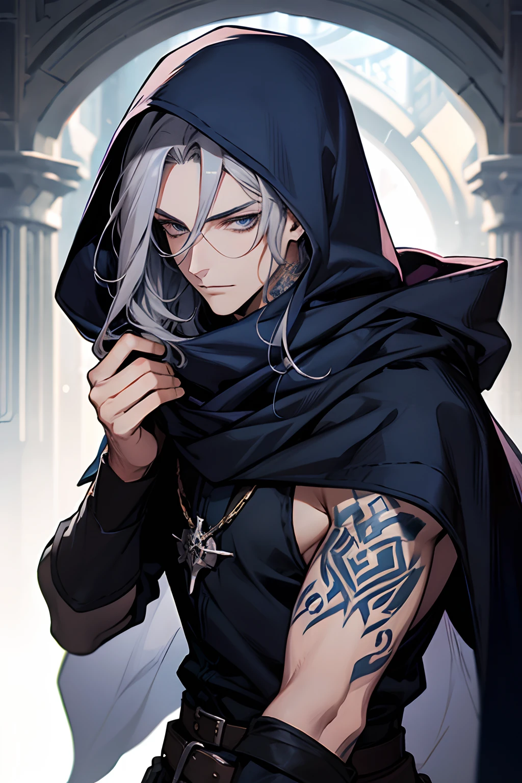 male, medium long navy silky hair, blue-grey eyes, beautiful face, handsome, tattoos, hooded scarf, rogue mage, medieval fantasy
