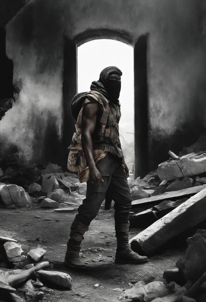 In a post-apocalyptic world plunged into darkness, A black character with African features emerges, wearing worn-out clothes and carrying a machete. He holds a mask tightly in his hand as he walks through ruins and rubble. The gloomy and danger-filled environment doesn't shake your resolve. Who is this character? Why he's wearing an eye patch and holding a mask? What is your goal in this destroyed world and how does it adapt to this new reality