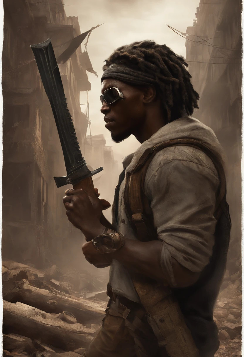 In a post-apocalyptic world plunged into darkness, A black character with African features emerges, wearing worn-out clothes and carrying a machete. He holds a mask tightly in his hand as he walks through ruins and rubble. The gloomy and danger-filled environment doesn't shake your resolve. Who is this character? Why he's wearing an eye patch and holding a mask? What is your goal in this destroyed world and how does it adapt to this new reality
