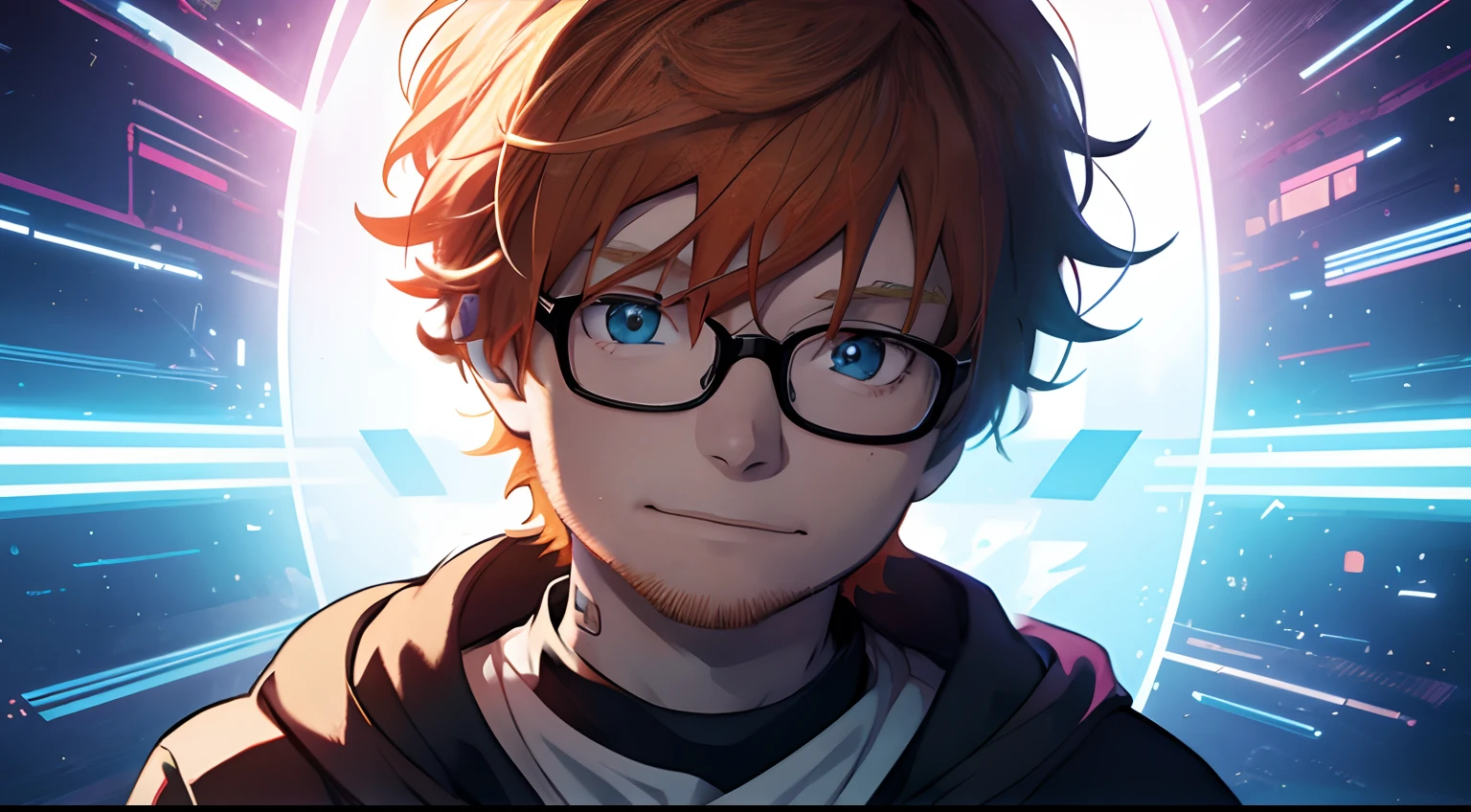 ((Ed Sheeran)), anime, colorful, anime art, luminescent, expressive eyes, glasses,