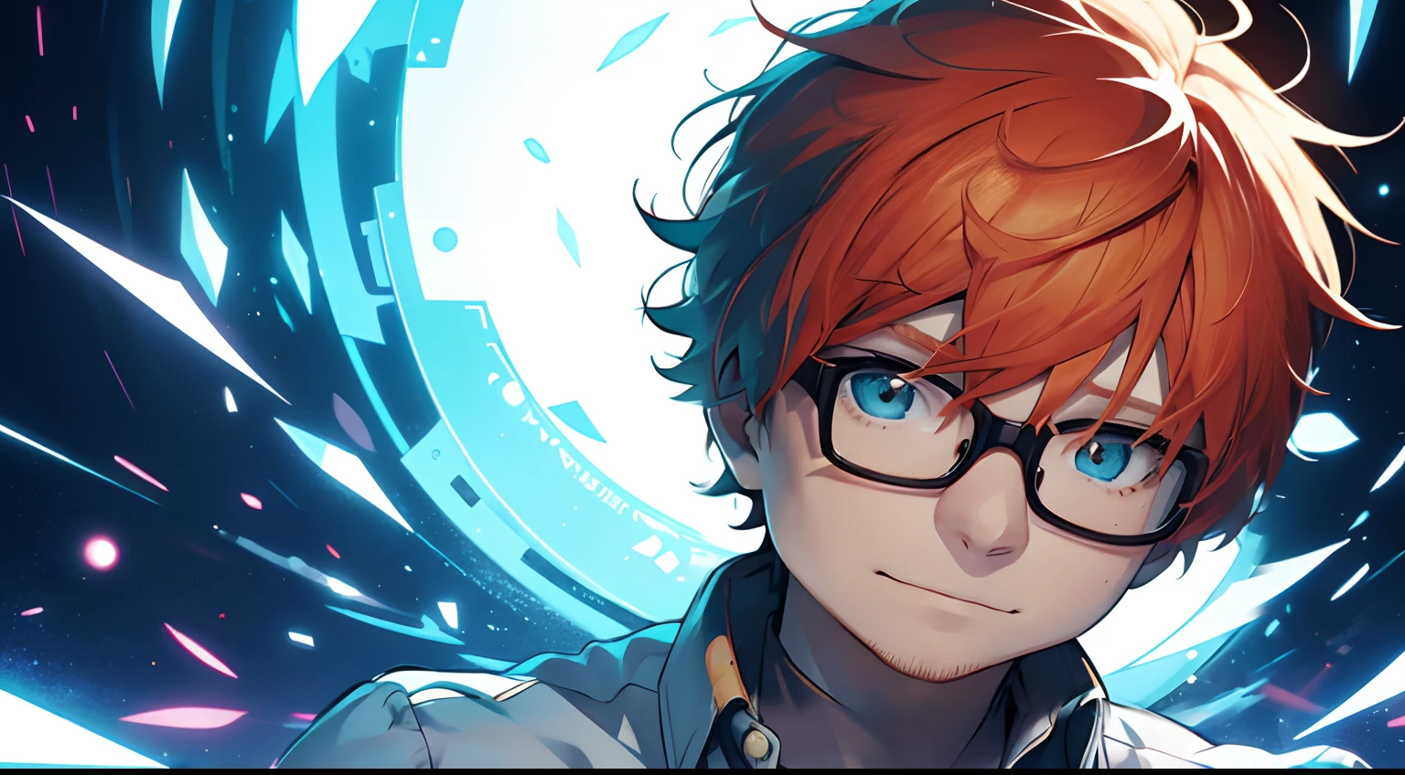 ((Ed Sheeran)), anime, colorful, anime art, luminescent, expressive eyes, glasses,