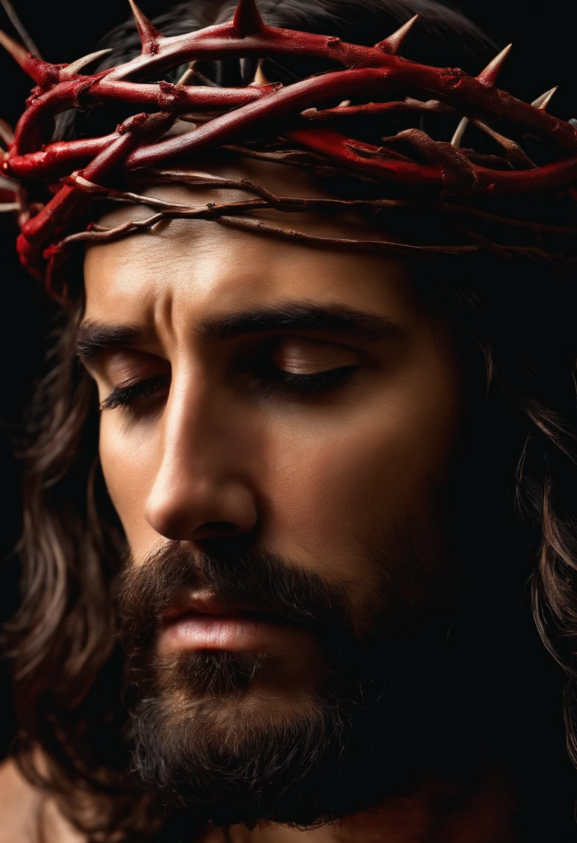 Close-up of Jesus on the cross with a crown of thorns blood stare piercing gaze, Retailer, hdd4K, realist