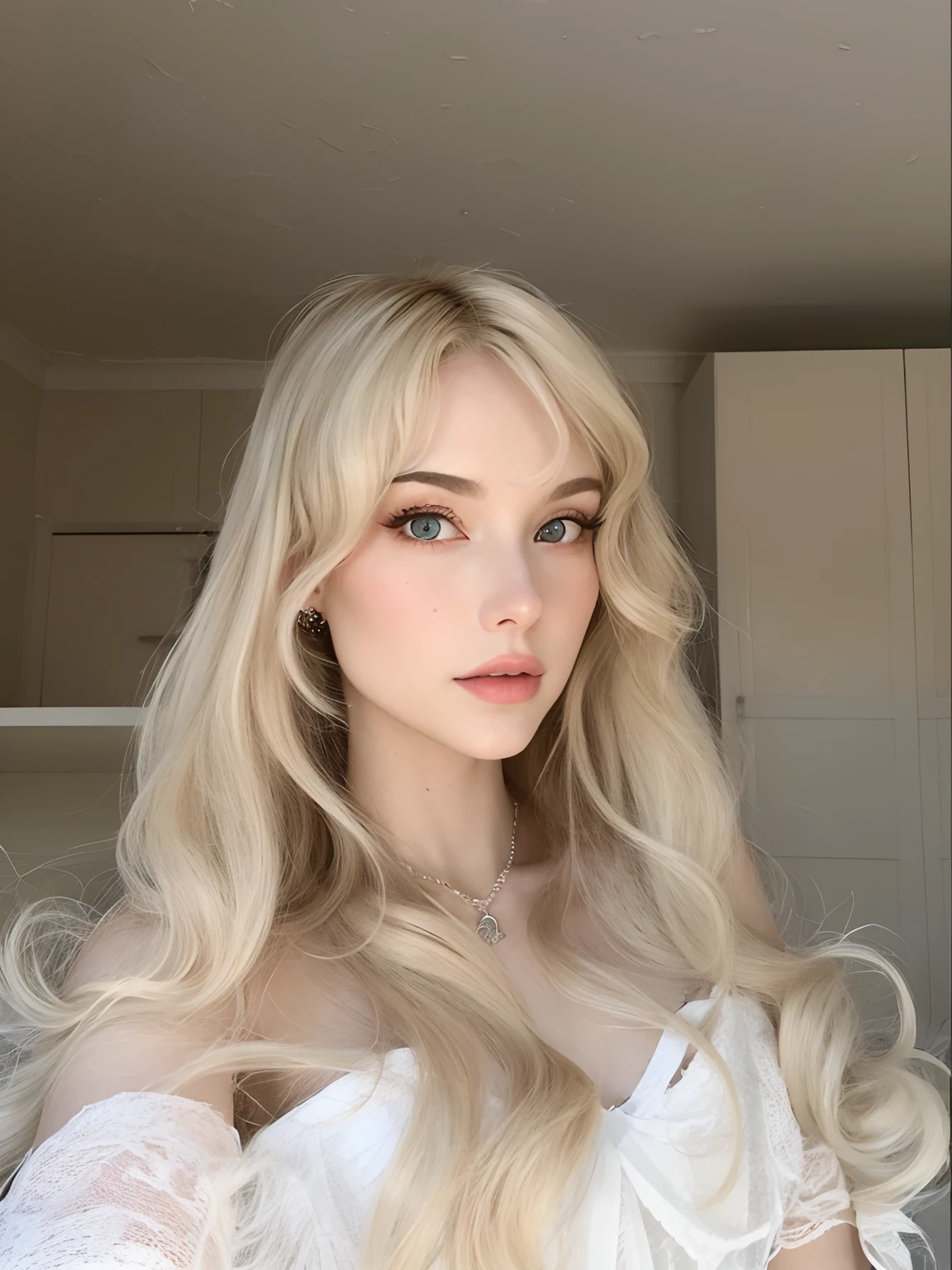 Mulher loira com cabelo longo usando um vestido branco e brincos, Retrato de Kim Petras, longos cabelos loiros e olhos grandes, pale skin curly blond hair, longos cabelos brancos e franja, uma menina com cabelo loiro, longos cabelos loiros e olhos grandes, com longos cabelos loiros, cabelos loiros e olhos grandes, Kailee Mandel, cabelos longos com franja, com franja