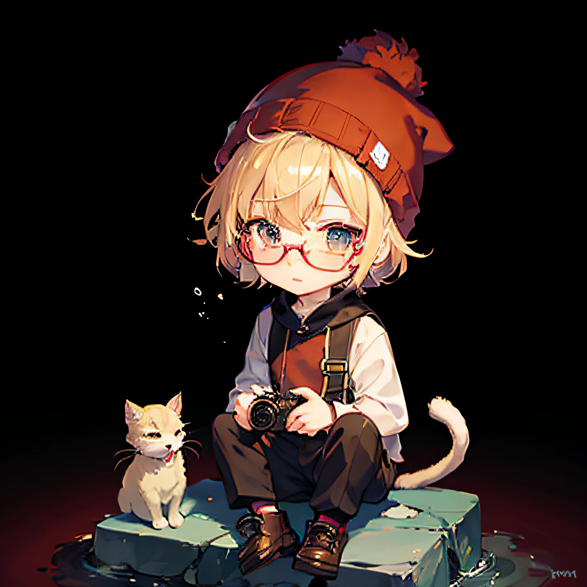 One wears black glasses，(Cartoon boy holding camera:1.2)，(Red background lighting) (Best quality,Anime style,Cute,kawaii:1.2), , Adorable!! The boy wears a red beanie，Has a lovely round face. He was sitting on a red wall，There is a cat next to it. Cats also wear hats, Make it cuter! The art style is inspired by anime "Projectile theory broken" With bright colors and exaggerated features. In the background is the scene of the famous Battle of the Red Cliffs, The boy sat on a stone pillar. The lights were warm，The boy and the cat are highlighted.