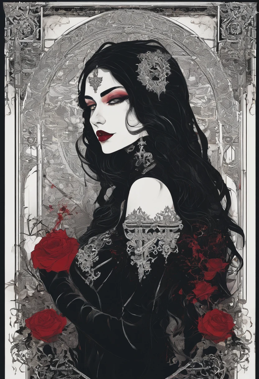 Flyer, sexy hot woman, rose petals, Mexican decoration, Satan,
vector flat, gold, black, 
Aaron Horkey, 
masterpiece, ultra high res, high quality,