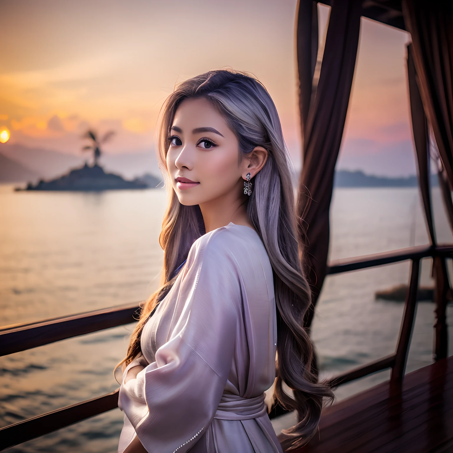 aesthetician,1girl in, silber hair, Long hair, Eyes are purple, White shirt, Balinese style, sarong, stylish, Evening sea, Detailed background