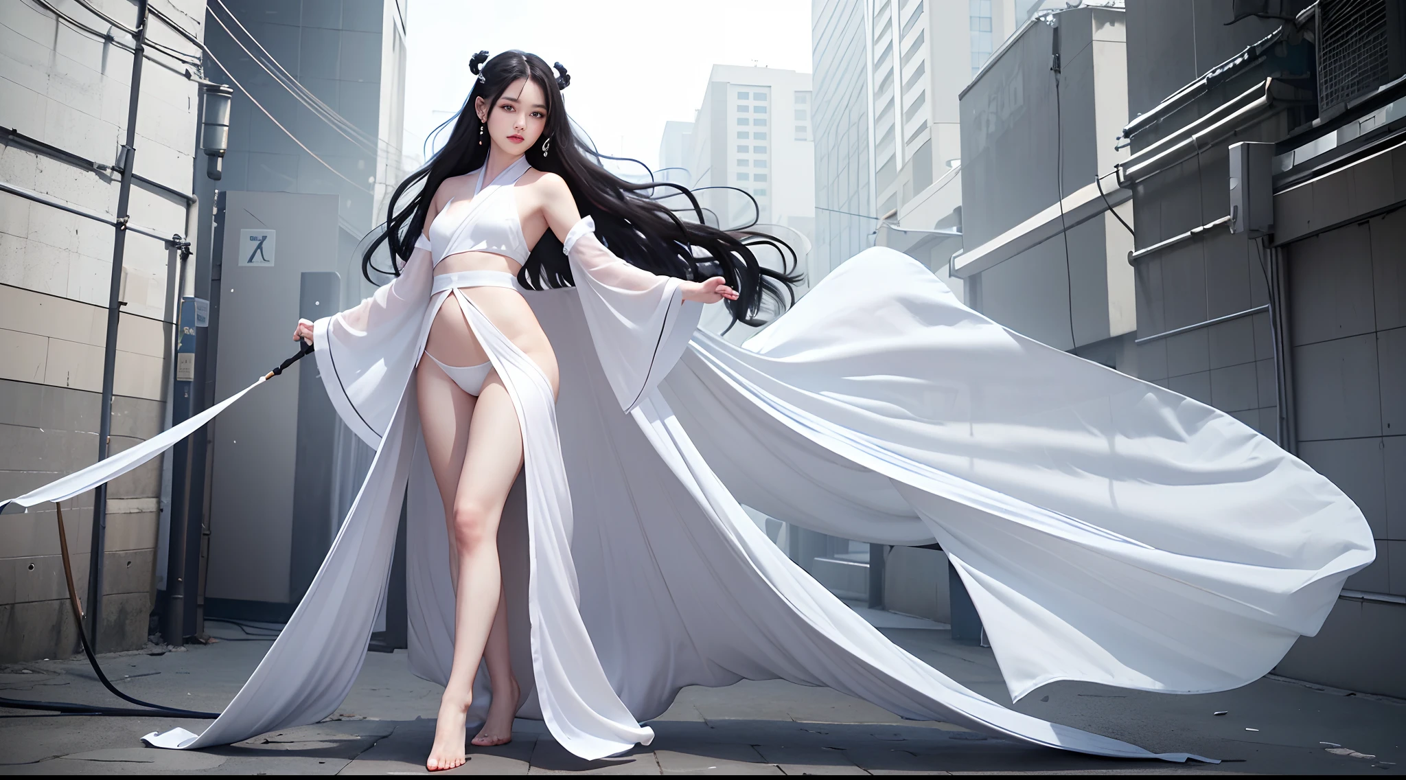 realisticlying, A high resolution, 1 rapariga, Black wavy hair, ChineseGirl, heterochromatic eyes, small mole under eyes, Transparent white hanfu, nakeness, extremely large bosom, long leges, panties are visible,Bare breasts,standing on your feet,Bare genitalia,Bare