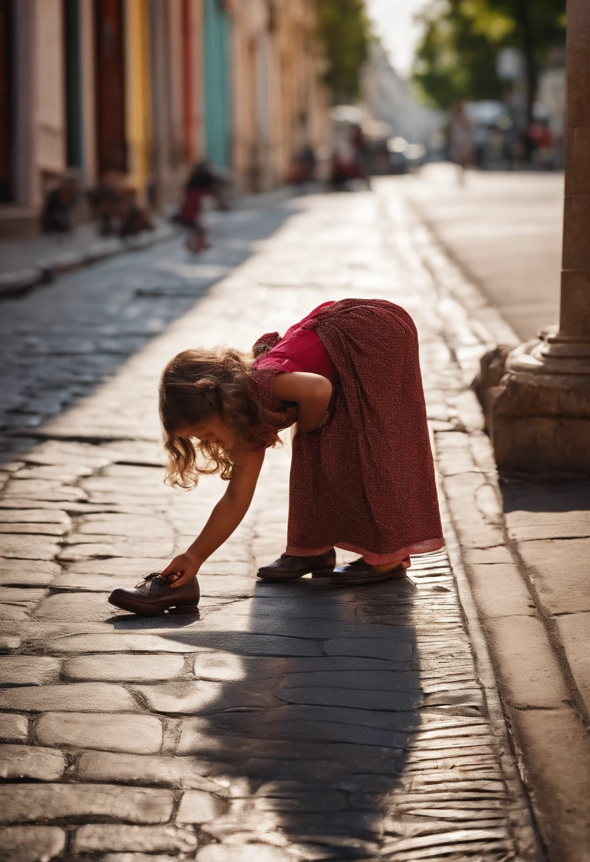 On the street where the little girl is polishing the shoes of a gentle means they are in the city nice weathewr ,