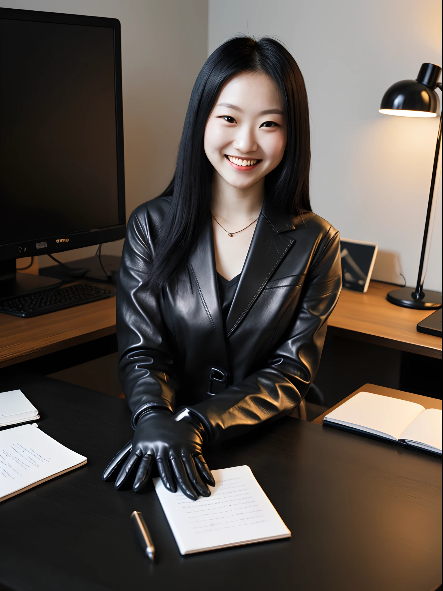 Wearing black leather gloves on both hands, Upper body, Black business suit, Facing a desk in a modern study in the dark, Looking down, Smiling, Using a fountain pen to forge a will, long, Straight black hair, Japan female new employee with young and cute face (Black leather gloves cover both hands) 8 K、a picture