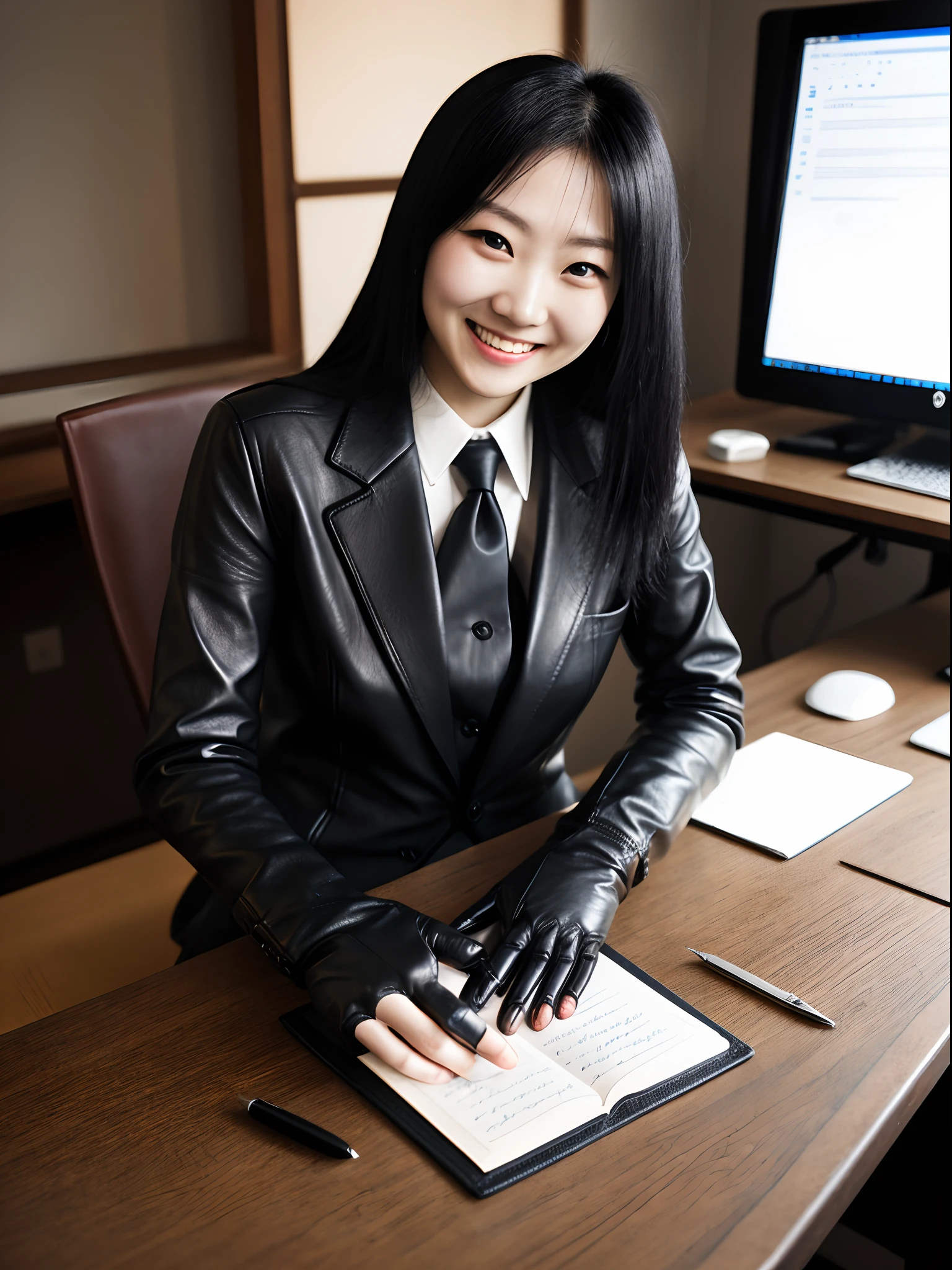 Wearing black leather gloves on both hands, Upper body, Black business suit, Facing a desk in a modern study in the dark, Looking down, Smiling, Using a fountain pen to forge a will, long, Straight black hair, Japan female new employee with young and cute face (Black leather gloves cover both hands) 8 K、a picture