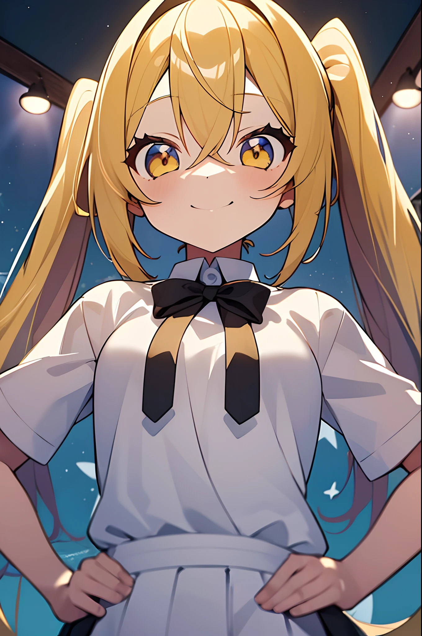 1girl. yellow hair.long hair.twintails.short stature. small breast.white t-shirts.skirt. (((masterpiece))).(((best quality))).)((ultra-detailed))).(((illustration))). (((put your hands on your hips))).(((night view))).smile.