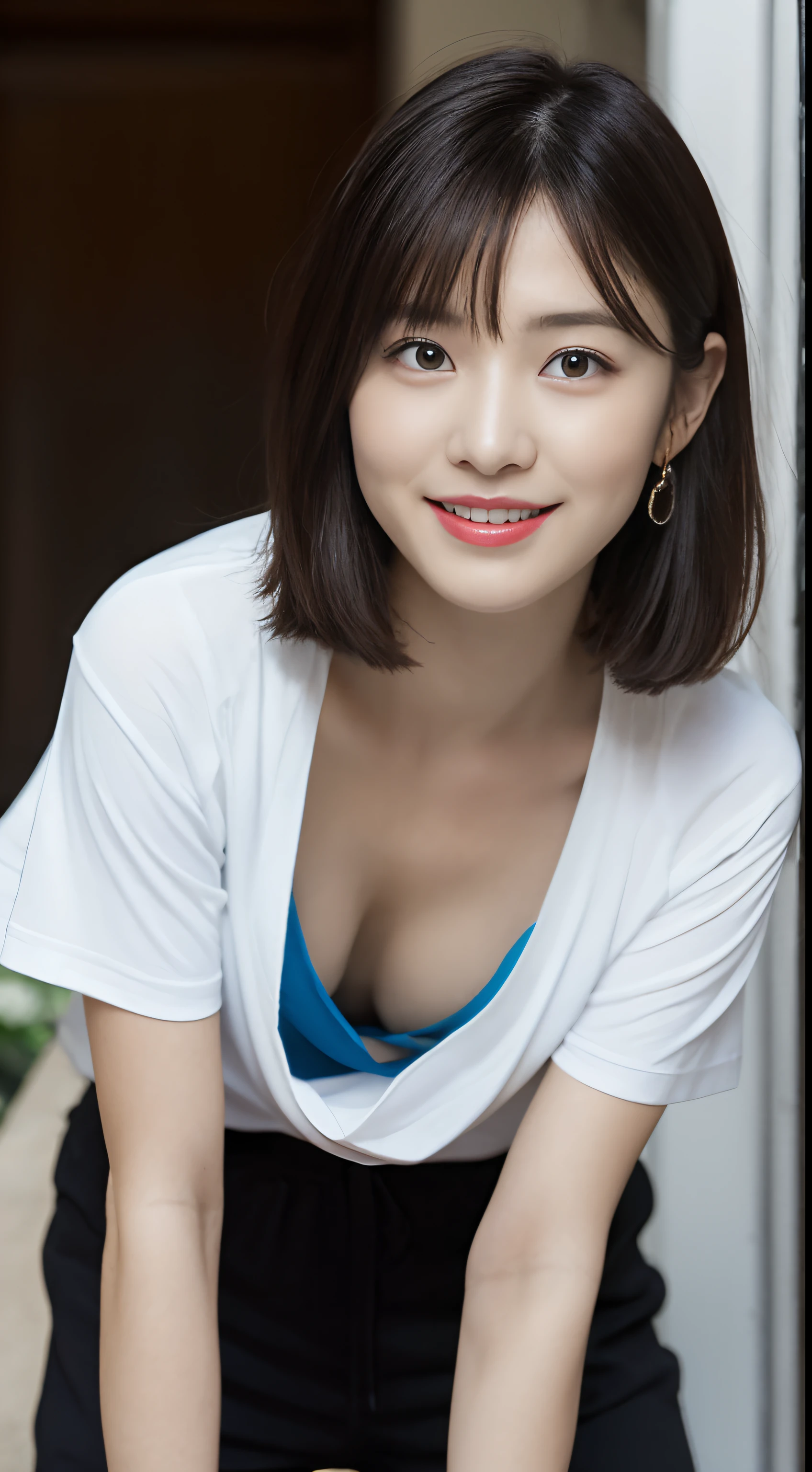 downbrouse、No bangs:1.10、straight flat chest:1.20, (leaning-forward:1.3)、(oversize tshirt、Loose-fitting T-shirt、Low Cut T-Shirt:1.5)、No bra;1.10, Pink areola is visible:1.20, A Cup:1.20, Erotic, (top-quality、8K、32K、masterpiece)、japanes、、Very pretty girl、a beauty girl、crouching down、Bright smile、outside of house、shinny skin、blurry backround、short-cut:1.10、Ear hooks:1.20, A dark-haired:1.10, Upper body close-up、Shot from above