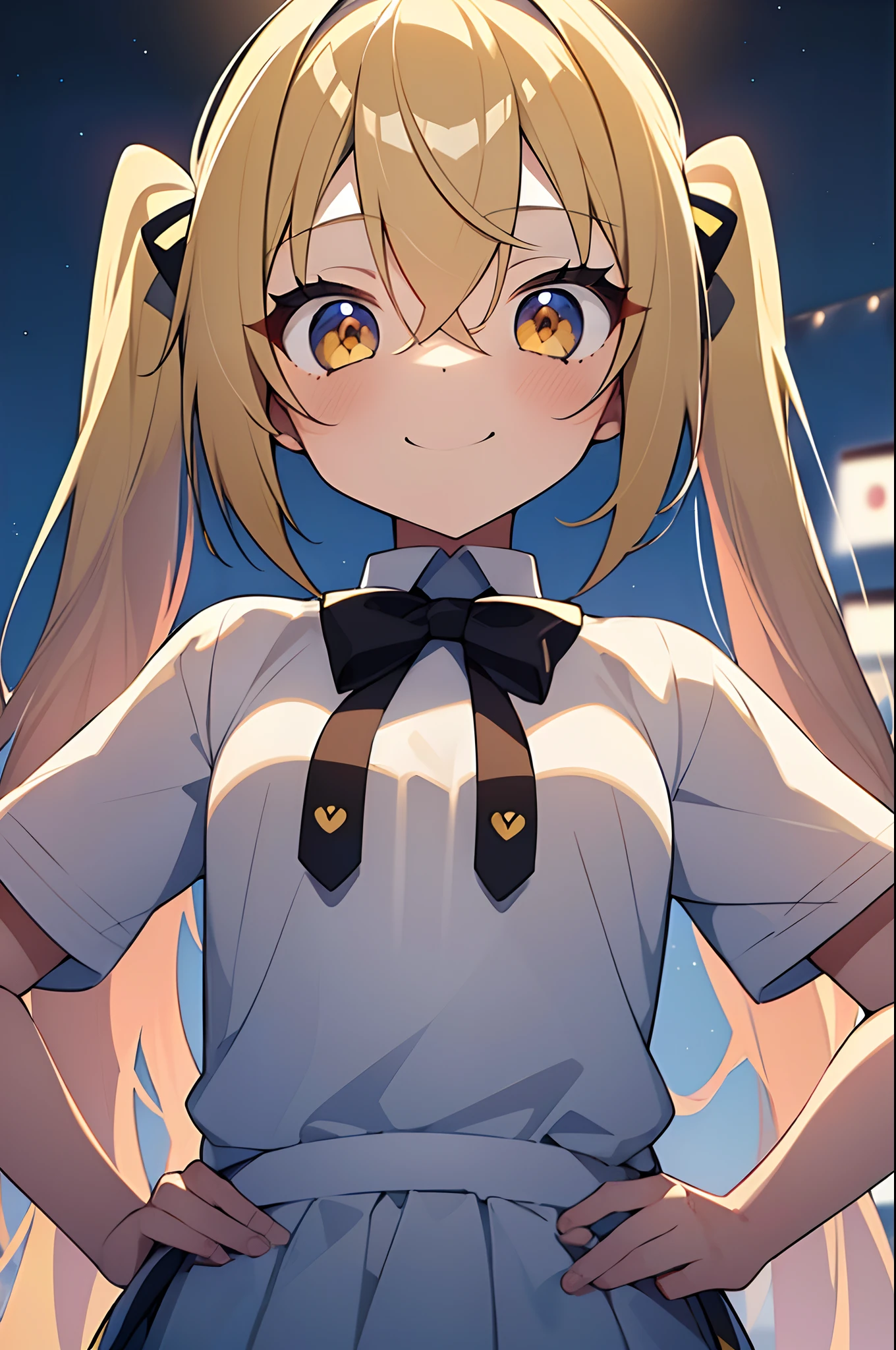 1girl. yellow hair.long hair.twintails.short stature. small breast.white t-shirts.skirt. (((masterpiece))).(((best quality))).)((ultra-detailed))).(((illustration))). (((put your hands on your hips))).(((night view))).smile.