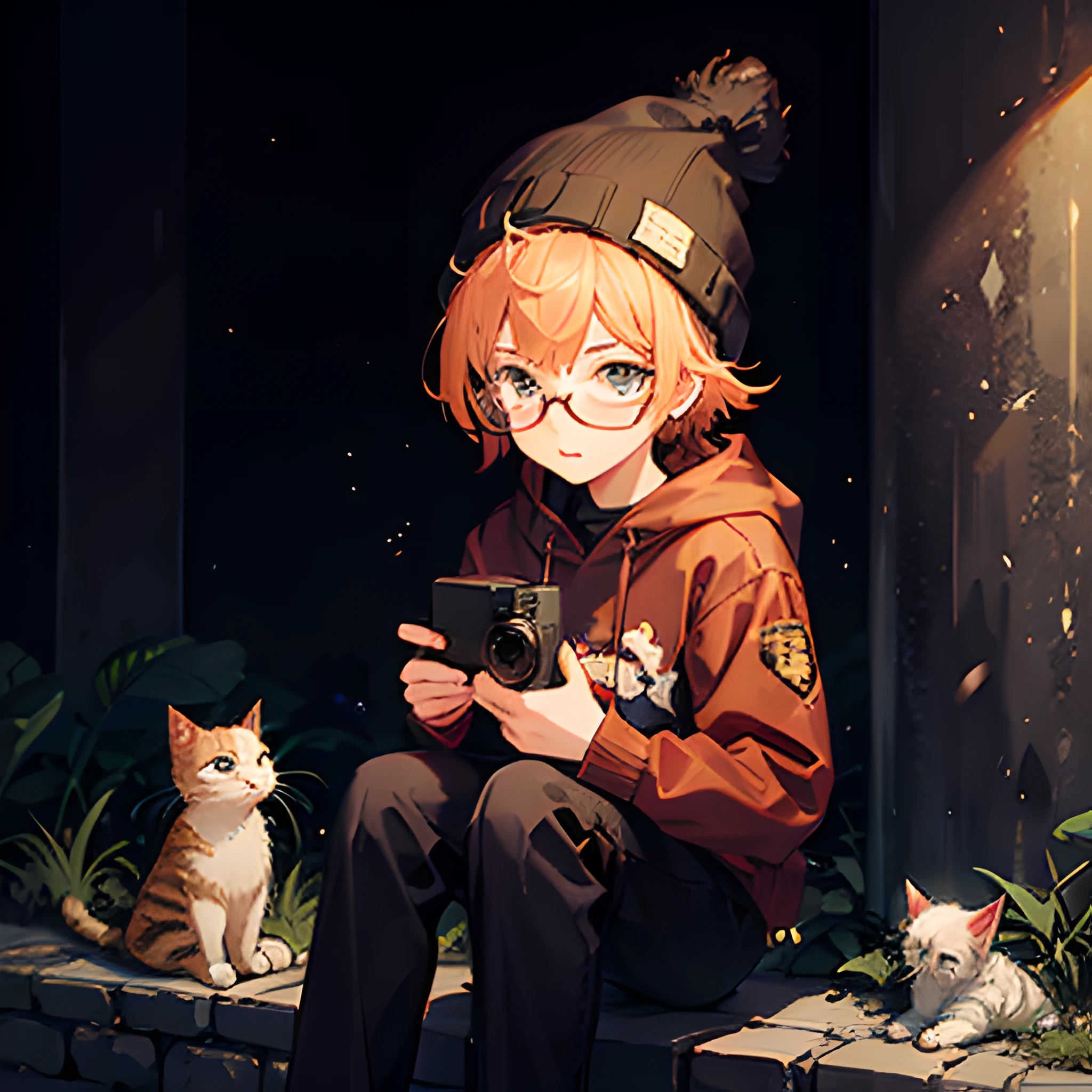 One wears black glasses，(Cartoon boy holding camera:1.2)，(Red background lighting) (Best quality,Anime style,Cute,kawaii:1.2), , Adorable!! The boy wears a red beanie，Has a lovely round face. He was sitting on a red wall，There is a cat next to it. Cats also wear hats, Make it cuter! The art style is inspired by anime "Projectile theory broken" With bright colors and exaggerated features. In the background is the scene of the famous Battle of the Red Cliffs, The boy sat on a stone pillar. The lights were warm，The boy and the cat are highlighted.