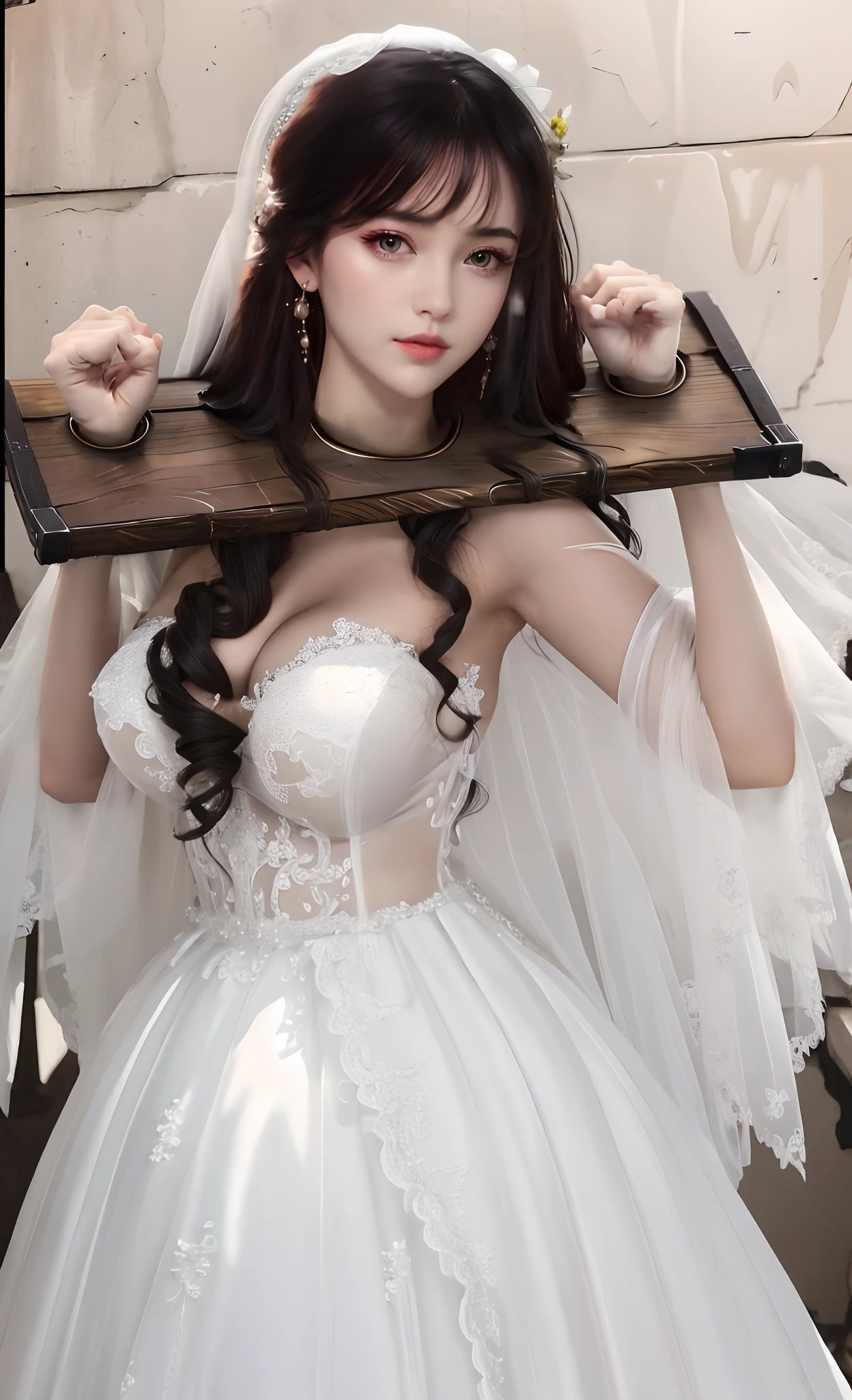 Close-up of a beautiful bride in a beautiful wedding dress, Gurvetz,( pillory:1.5), Flail on the head, Flail on the hands, Flail,(Bridal veil: 1.5), (Short transparent veil: 1.5), Flushed face, Head flower, head gear, (Tubular wedding dress: 1.5), (Silk dress: 1.2 ), (Strapless wedding dress: 1.5), Pure white dress, necklace, Earrings, (Huge breasts: 1.3), Deep V heart collar wedding dress, bangs, lipstick, (Lace gloves: 1.3), Full body photo, High detail RAW color art, a white long skirt, Whole body, with hands behind her back, and floor-length skirts,