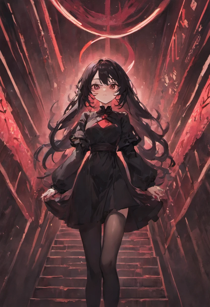 white woman with long black hair, septum piercing, red lipstick, glasses, black dress, black boots, with a man in a black blouse