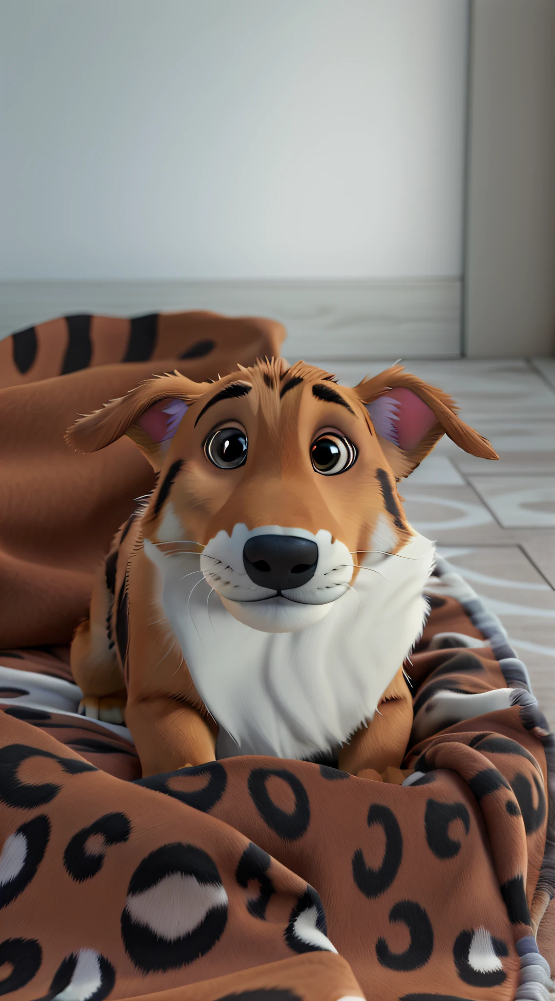 Caramel dog with white spot on nose and pectoralis and paws with floppy ears lying on a Disney Pixar-style jaguar blanket, alta qualidade , melhor qualidade