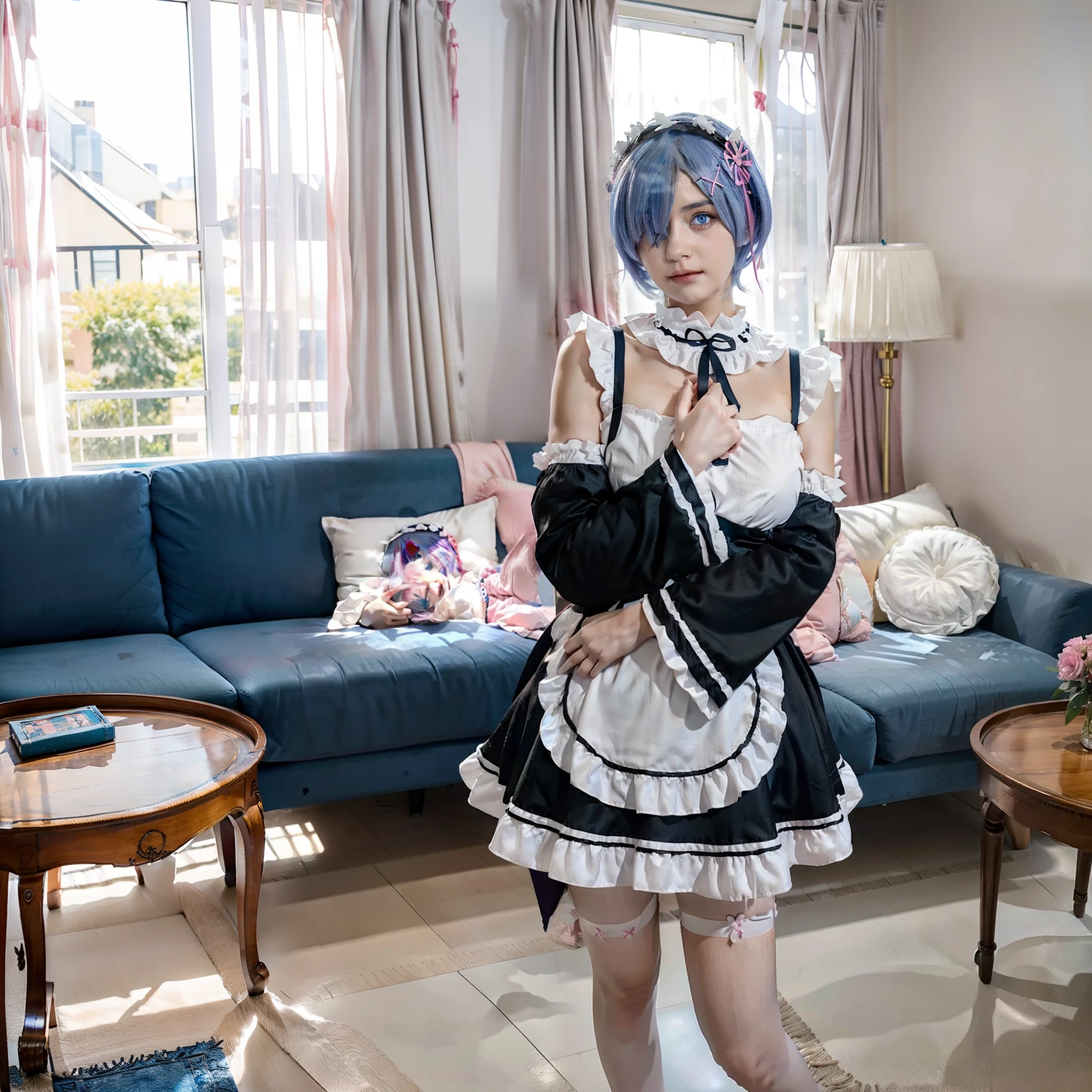 ultra-high image quality, [3D images:1.5],attractive eyes(masterpiece:1.6、top quality)、(2 girls in:1.5)、(Beautiful eye details:1.2)、nffsw_rem、rope、blue hair、Blue eyes、x hair decoration、Roswaal Mansion Maid Uniform、Maids,  standing on all fours showing their asses, thong