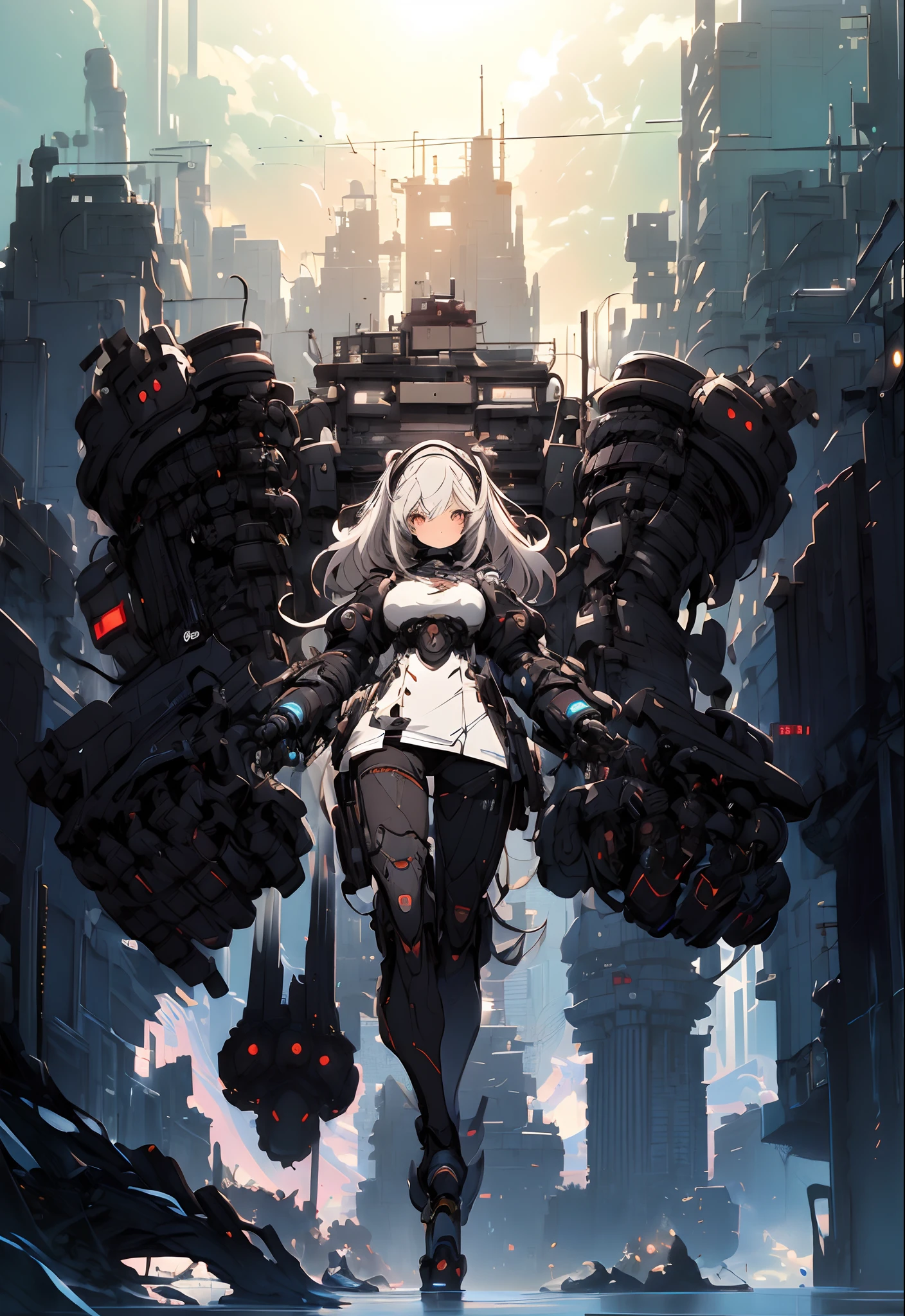 a painting of a woman with a gun and a sword, krenz cushart and wenjun lin, cyberpunk anime girl mech, krenz cushart and asher duran, painterly humanoid mecha, wlop and krenz cushart, illustration concept art, guweiz, krenz cushart and artem demura, female mecha, (cute illustration:1.5), (cute,kawaii,sweet:1.2),
(1girl:1.4), bodysuit, cyborg girl,
hyper gigantic mechanical hands,dynamic pose, 
nice hands, perfect hands, incredibly cinematic, best quality, best resolution