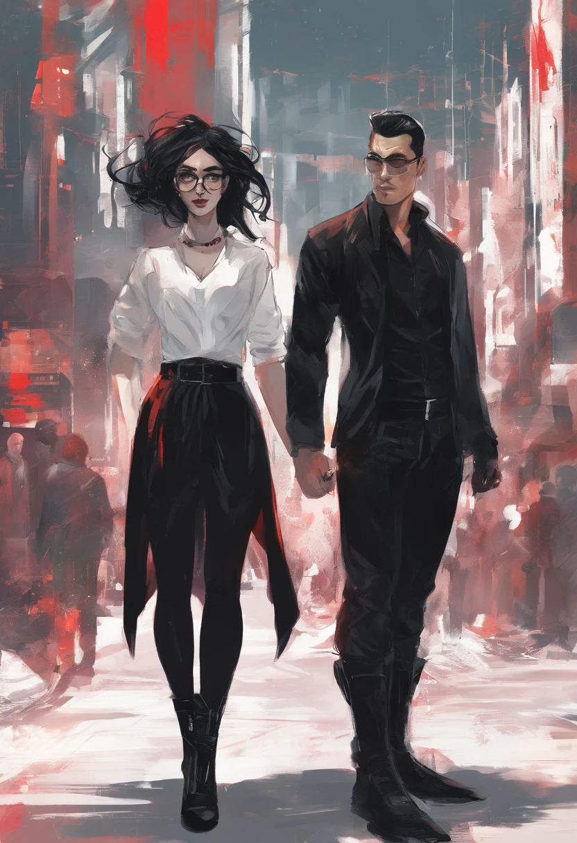 white woman with long black hair, septum piercing, red lipstick, glasses, black dress, black boots, with a man in a black blouse, couple