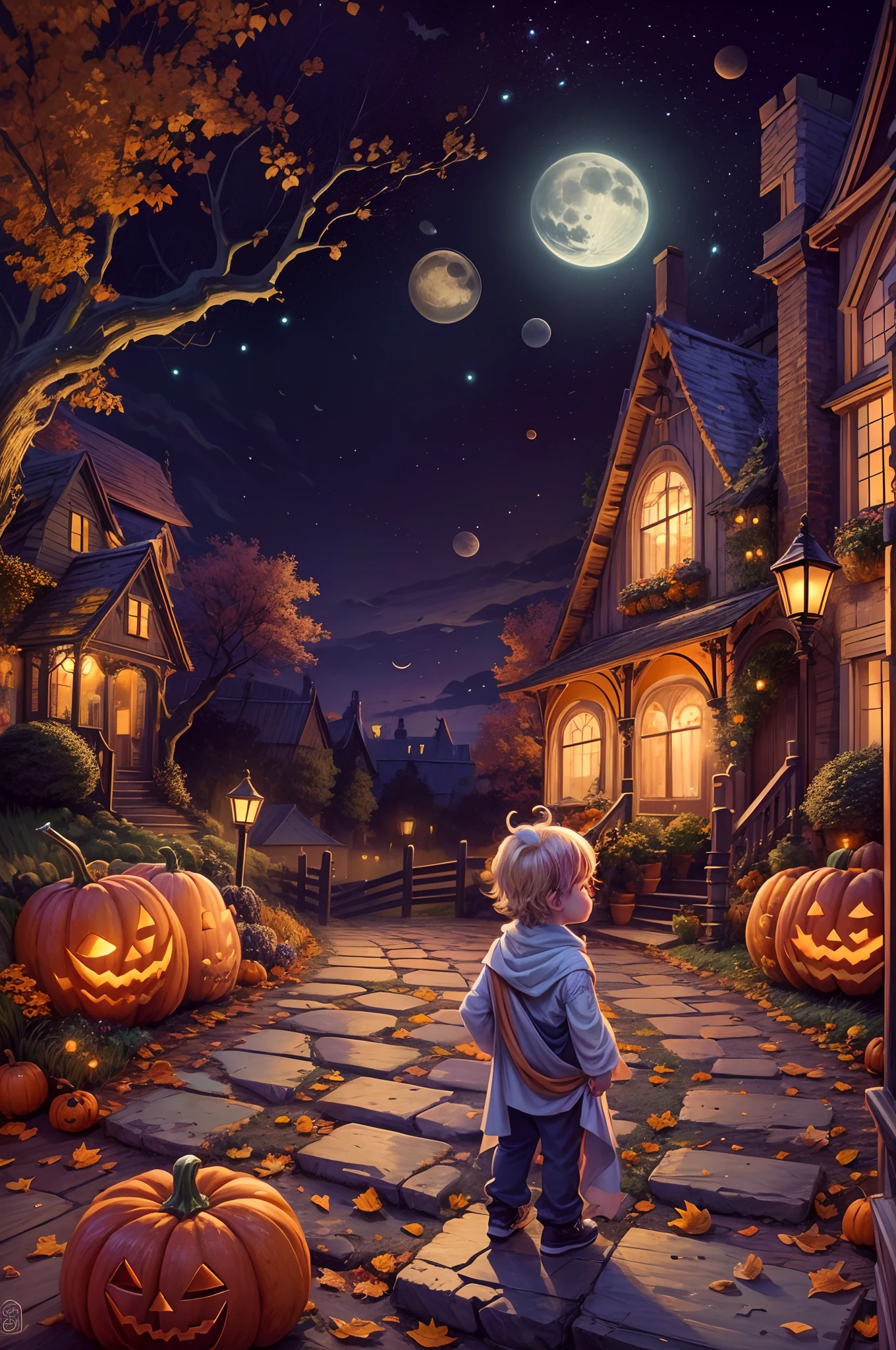 (tmasterpiece),（ultra - detailed：1.3），best qualtiy，（glittery:1.2），（dreamworld:1.4），(Van Gogh-style Halloween: 1.5),（The moon is empty），Delicious sweets，A child dressed as a wizard，Pumpkin monsters，mummy，super heroes, and other decorations, Fantasy world, Cute cartoon design style, the night，Skysky，moon full，vibrant with colors，brightly，1.4x realism，hyper HD，It is displayed in this beautiful scene，（The is very detailed，reasonable design，Clear lines，High- sharpness，tmasterpiece，offcial art，movie light effect，8K）