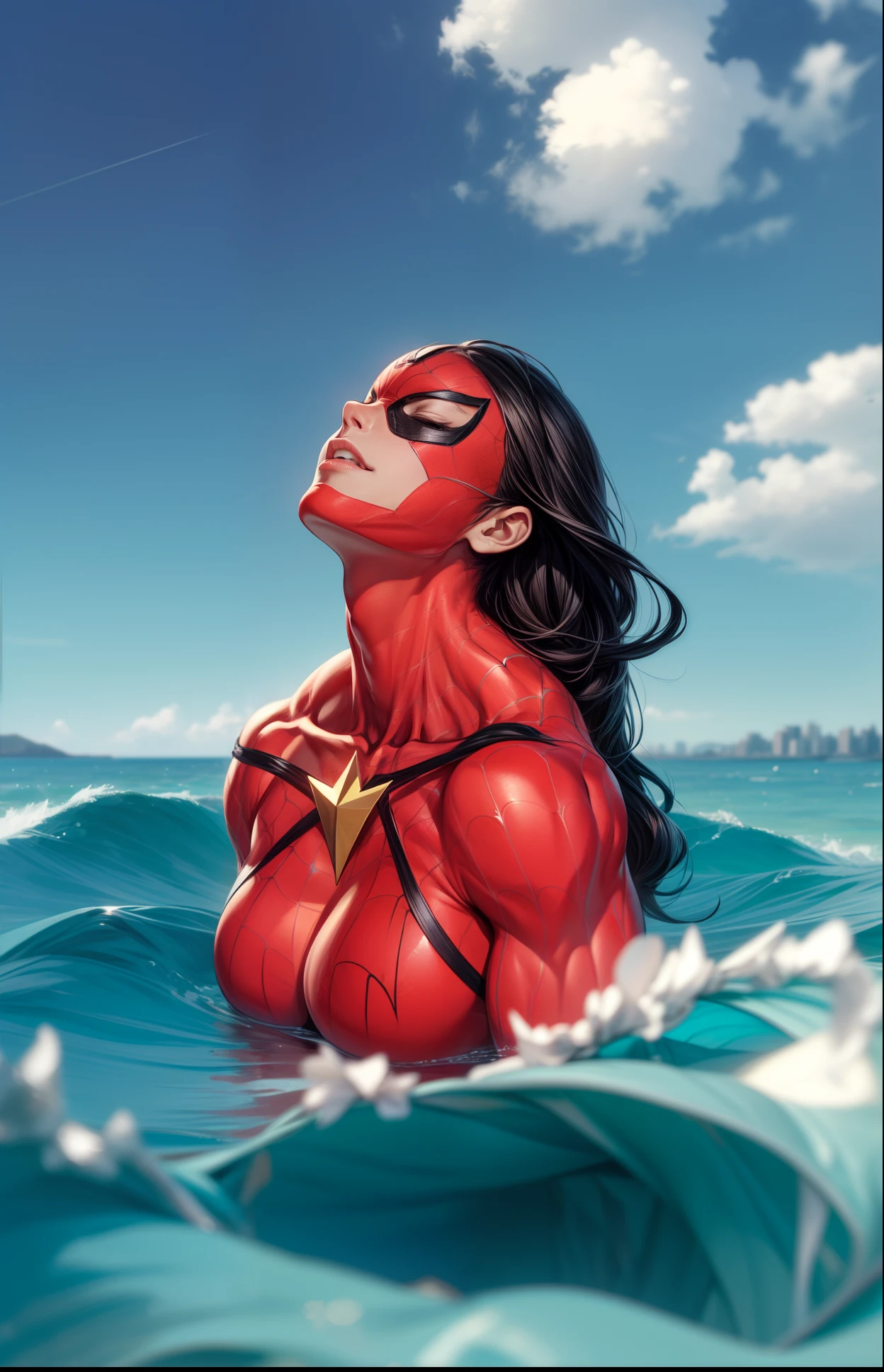 ((Spider-woman)) Obra maestra, La mejor calidad:1.2), ((muscular:1.5)) ((hembra:1.5)),(tetona),curva, ((traje rojo)), sexy, ( Grandes_Tetas ),(Pintura digital: 1.4), Una hermosa mujer con un disfraz de Spider-Woman, ( Mask covers eyes ), De pie en un edificio, Antecedentes urbanos, La mejor obra maestra, Muy alto detalle, realista, 8k, ( Triangulo Amarillo ),!! Enterizo rojo cubriendo todo su cuerpo completamente !!,( Finely detailed yellow triangle without any modification ),