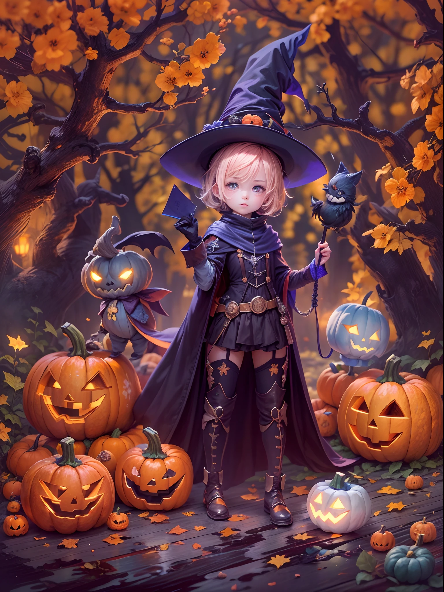 (tmasterpiece),（ultra - detailed：1.3），best qualtiy，（glittery:1.2），（Fantasy Halloween world:1.4），(Van Gogh-style Halloween: 1.5),（Remaining months），(((Delicious sweets，Lovely wizard，Pumpkin monsters，mummy，super heroes, and other Halloween decorations))), Fantasy world, Cute cartoon design style, the night，Skysky，Zangetsu，vibrant with colors，brightly，1.4x realism，hyper HD，It is displayed in this beautiful scene，（The is very detailed，reasonable design，Clear lines，High- sharpness，tmasterpiece，offcial art，movie light effect，8K）, DruidMagicAI, m0nstrcrz