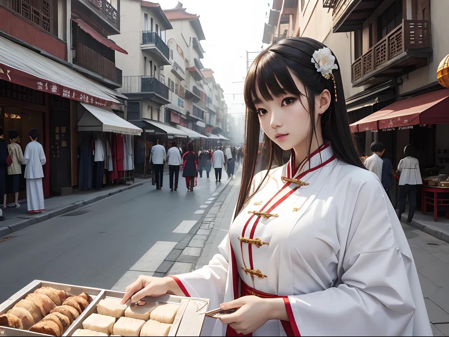 ((tmasterpiece)),(best qualtiy),1个Giant Breast Girl,amazed,Thin,anime big breast,Dissection is correct,White Chinese clothing,In the daytime,the street,Traders