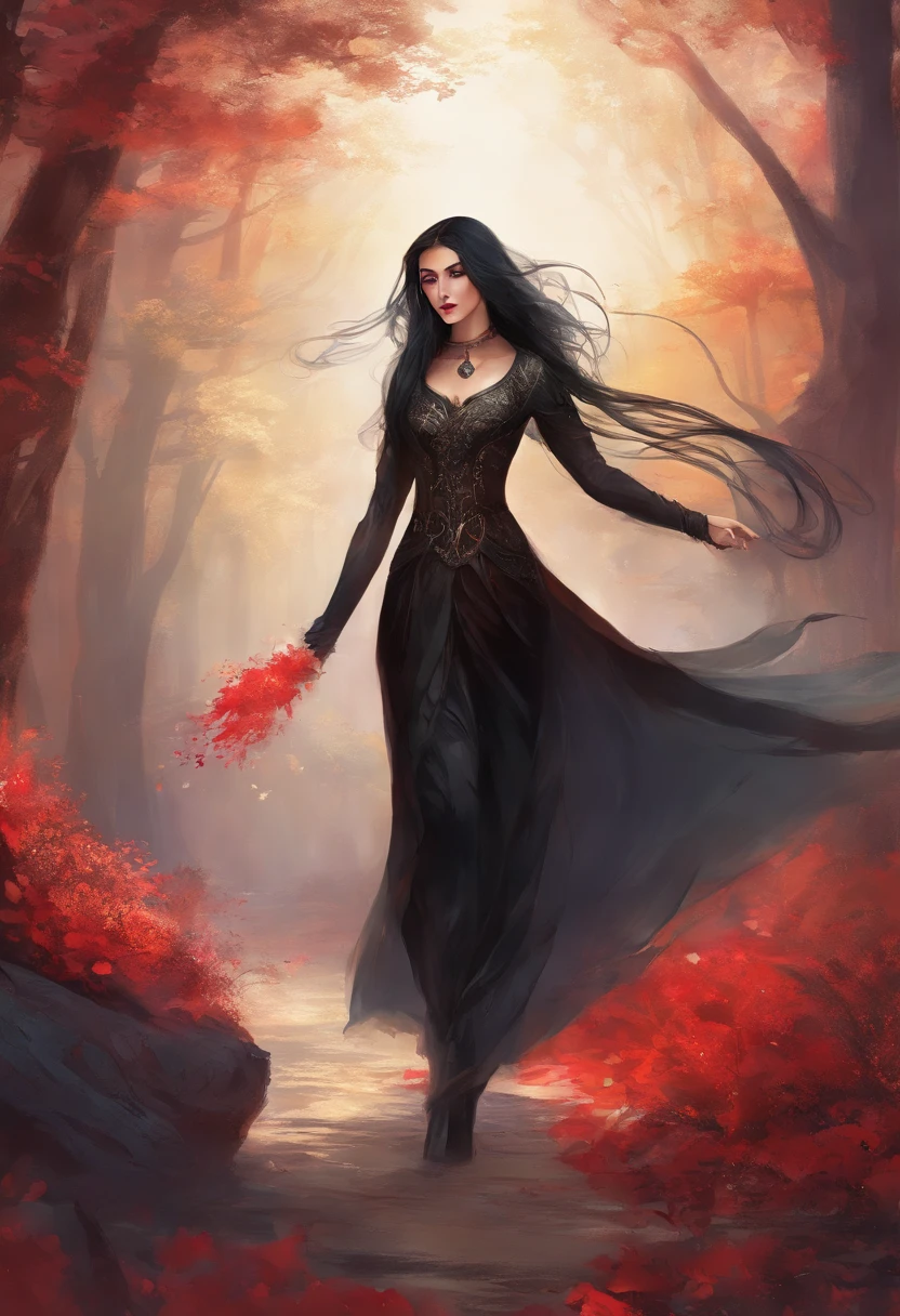 white woman with long black hair, septum piercing, red lipstick, glasses, black dress, black boots, with a man in a black blouse