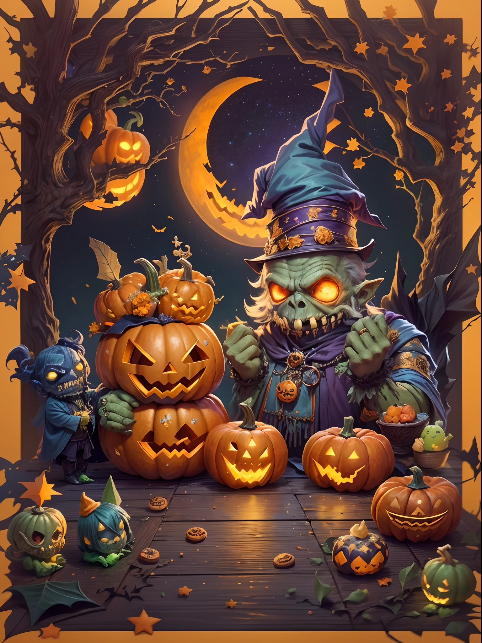 (tmasterpiece),(ultra - detailed: 1.3),best qualtiy,(glittery: 1.2),(Fantasy Halloween world: 1.4),(Van Gogh-style Halloween: 1.5),(Remaining months),(((Delicious sweets,Lovely wizard,Pumpkin monsters,Lovely mummy,Cute Frankenstein,super heroes, and other Halloween decorations))), Fantasy world, Cute cartoon design style, the night,Skysky,Zangetsu,vibrant with colors,brightly,1.4x realism,hyper HD,It is displayed in this beautiful scene,(The is very detailed,reasonable design,Clear lines,High- sharpness,tmasterpiece,offcial art,movie light effect,8K), DruidMagicAI, m0nstrcrz