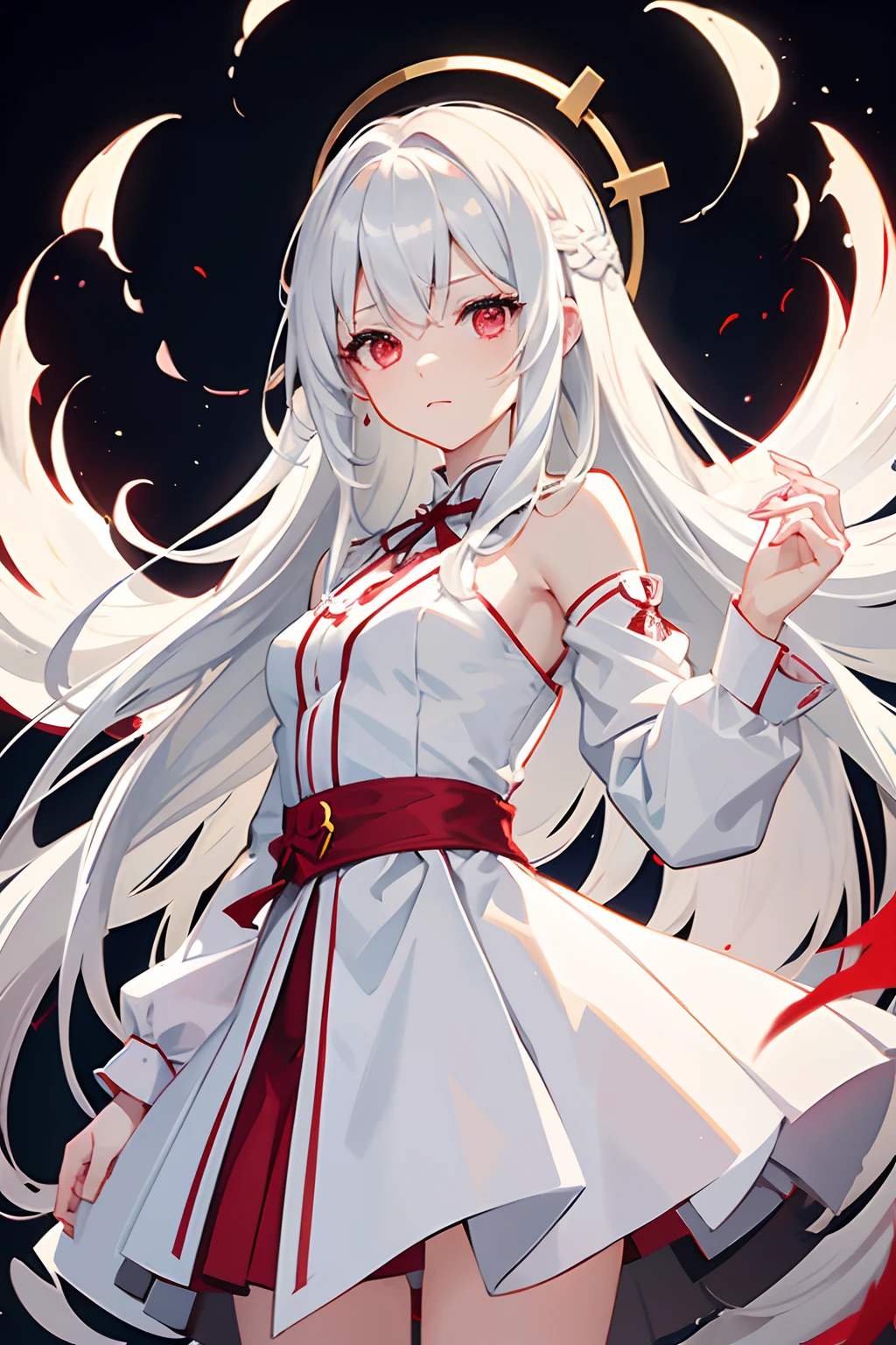 Draw a girl in a white dress with red eyes, an anime drawing inspired by Jin Homura, pixiv contest winner, mingei, anime style character, anime style drawing, white-haired god, as an anime character, anime tribal boy with long hair, anime-inspired, anime figure, in an anime style, Anime Paintings, with red glowing eyes