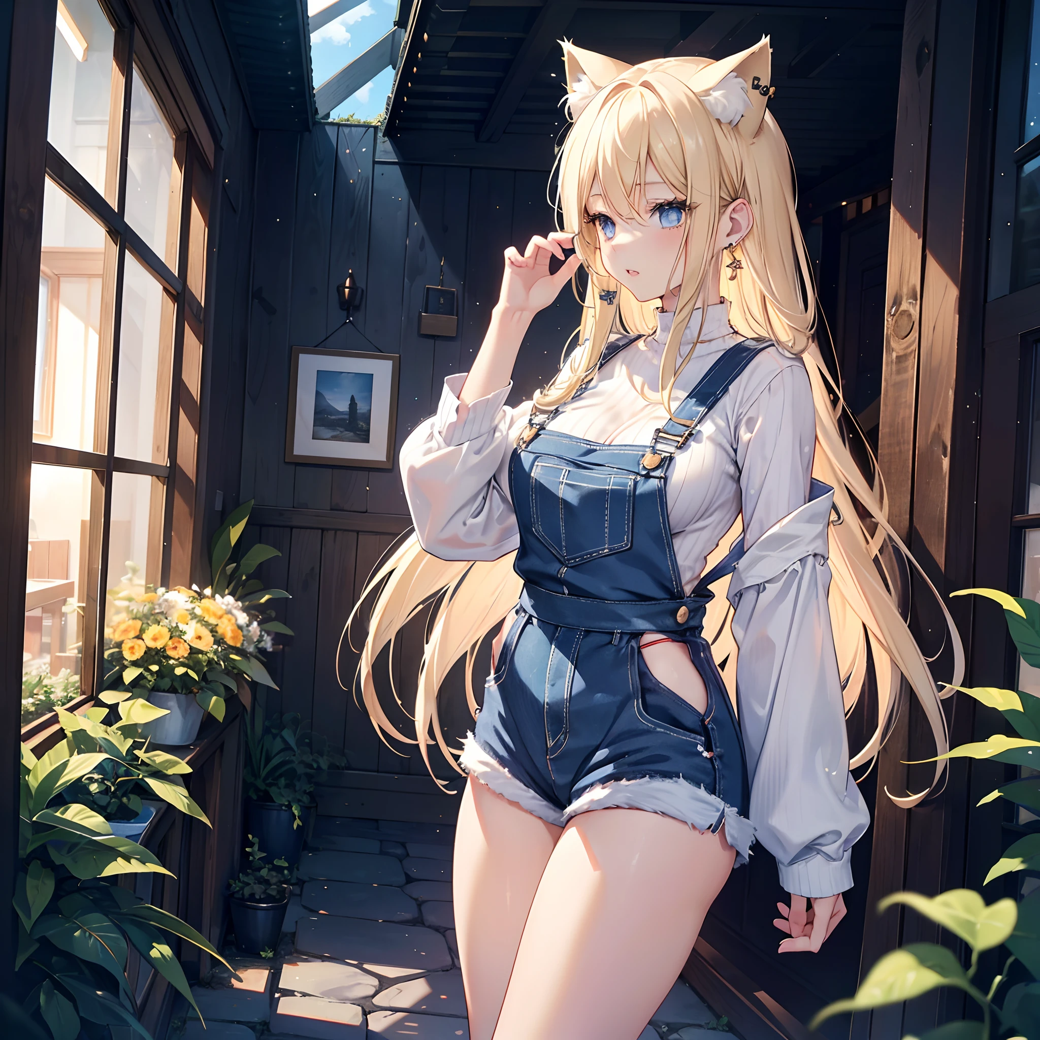 Realistic and detailed image of a girl with cat ears. dressed in overalls with mini shorts. Long silky blonde hair unusually shiny. blue eyes. She has earrings and long eyelashes. She has full lips. large breasts, slim waist, very wide hips and thick thighs. profile. arched back. She is outside a house. farmhouse. dark environment. Starry night.