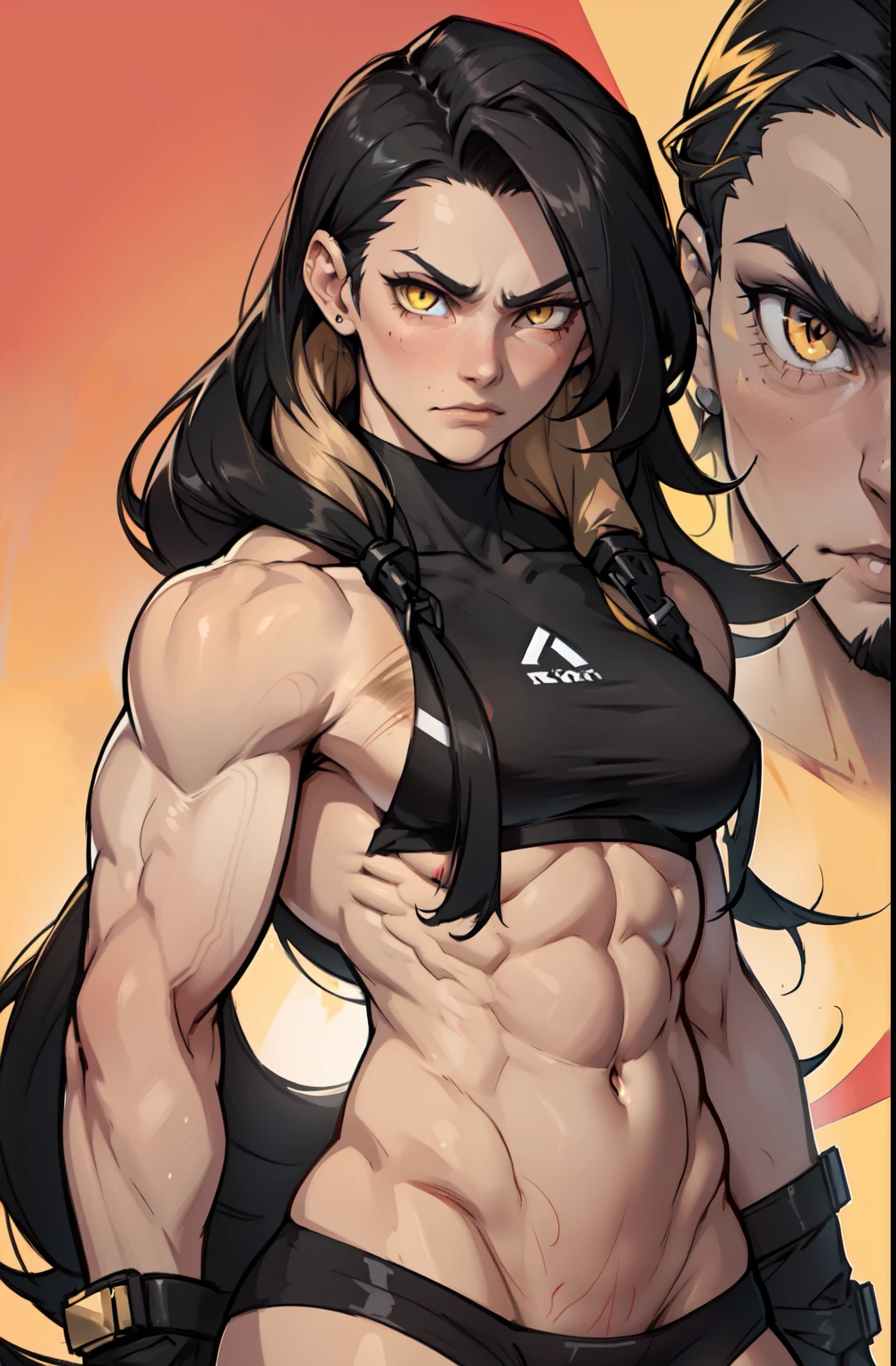 (((((1 girl))))) angry very long hair pale skin black hair yellow eyes ((((muscular toned body))))