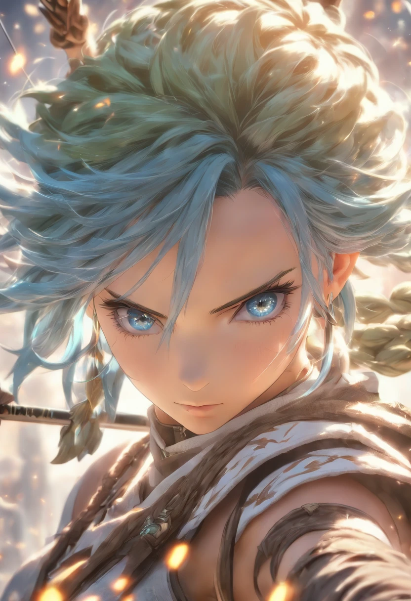 High quality, Ultra detailed, masterpiece, intricate detail, Ultra photo realsisim, cinematic, Ultra HD 8K, Face behind the camera, Head facing the camera, arching towards the camera,  ((a female archer with blue hair and wearing silver armor and dark blue clothing, Sinon Solus from Sword Art Online)), (holy white bow), (earrings, hair ornament), (4 white daggers on the back), beautiful blue eyes, (blue nuerons running on the neck)