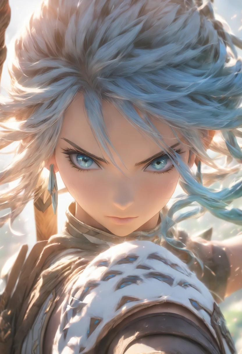High quality, Ultra detailed, masterpiece, intricate detail, Ultra photo realsisim, cinematic, Ultra HD 8K, Face behind the camera, Head facing the camera, arching towards the camera,  ((a female archer with blue hair and wearing silver armor and dark blue clothing, Sinon Solus from Sword Art Online)), (holy white bow), (earrings, hair ornament), (4 white daggers on the back), beautiful blue eyes, (blue nuerons running on the neck)