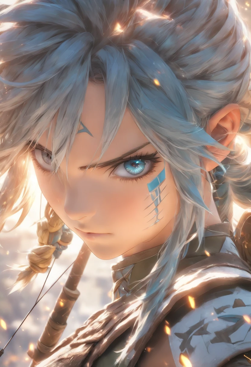 High quality, Ultra detailed, masterpiece, intricate detail, Ultra photo realsisim, cinematic, Ultra HD 8K, Face behind the camera, Head facing the camera, arching towards the camera, ((a female archer with blue hair and wearing silver armor and dark blue clothing, Sinon Solus from Sword Art Online)), (holy white bow), (earrings, hair ornament), (4 white daggers on the back), beautiful blue eyes, (blue nuerons running on the neck)