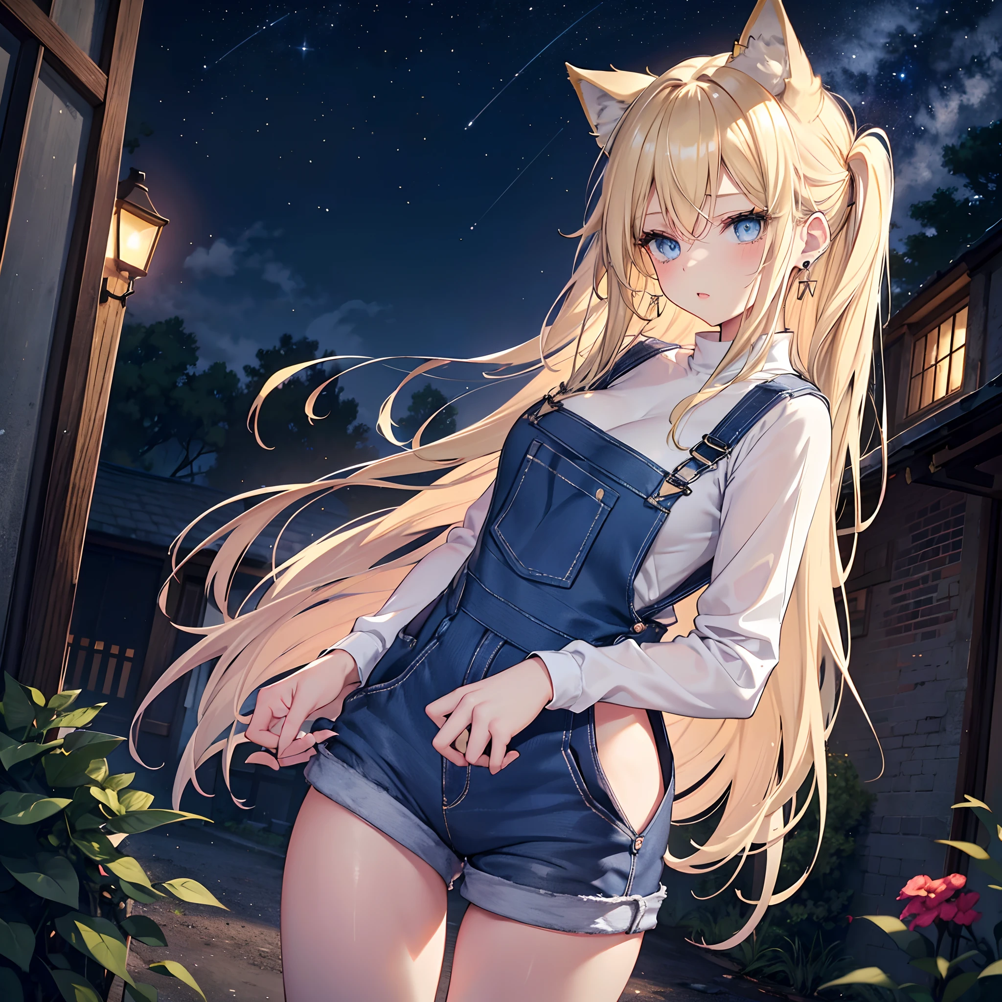 Realistic and detailed image of a girl with cat ears. dressed in overalls with mini shorts. Long silky blonde hair unusually shiny. blue eyes. She has earrings and long eyelashes. She has full lips. large breasts, slim waist, very wide hips and thick thighs. profile. arched back. She is outside a house. farmhouse. dark environment. Starry night.