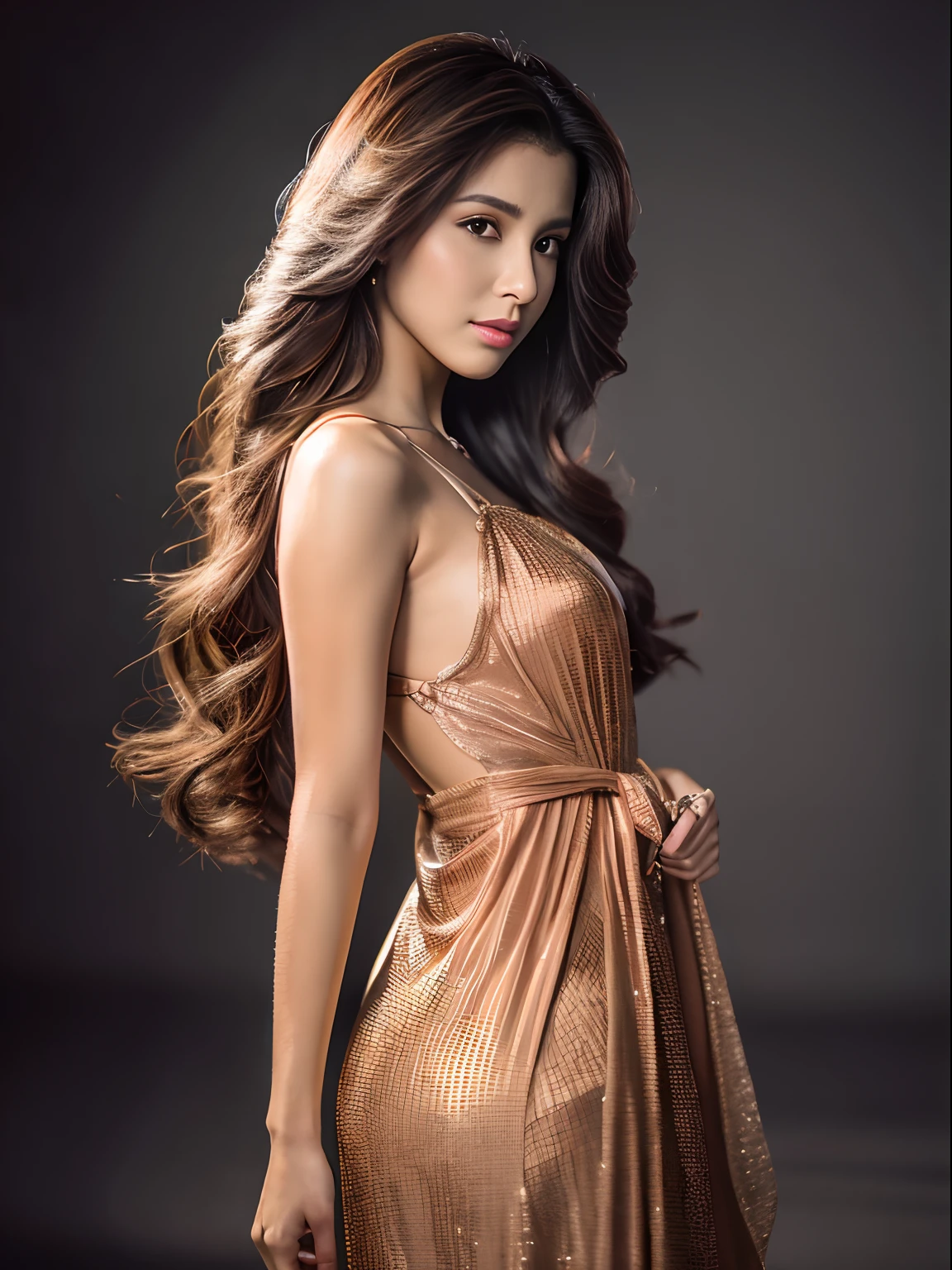Young nepali  Beauty fashion model posing,8k, masterpiece,the model look like K , best quality,sony a7, 50 mm,  beautiful skin, pores, colors, hyperdetailed, hyperrealistic)  ,wearing  a ,the picture is the best picture of 2023,it look so realistic ,long hairs , wearing camisole ,looking at the camera, (photo, studio lighting, length -Full length,theme- portrait,the picture look look like highly professional photography,The model look 40% look alike Nora fatehi l,Dress - babydoll night wear