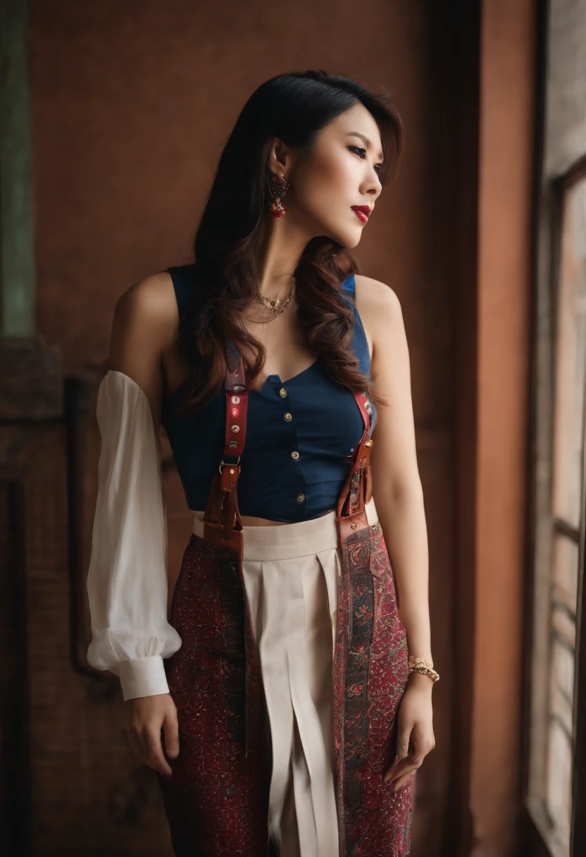 Sexy Asian wearing just suspenders