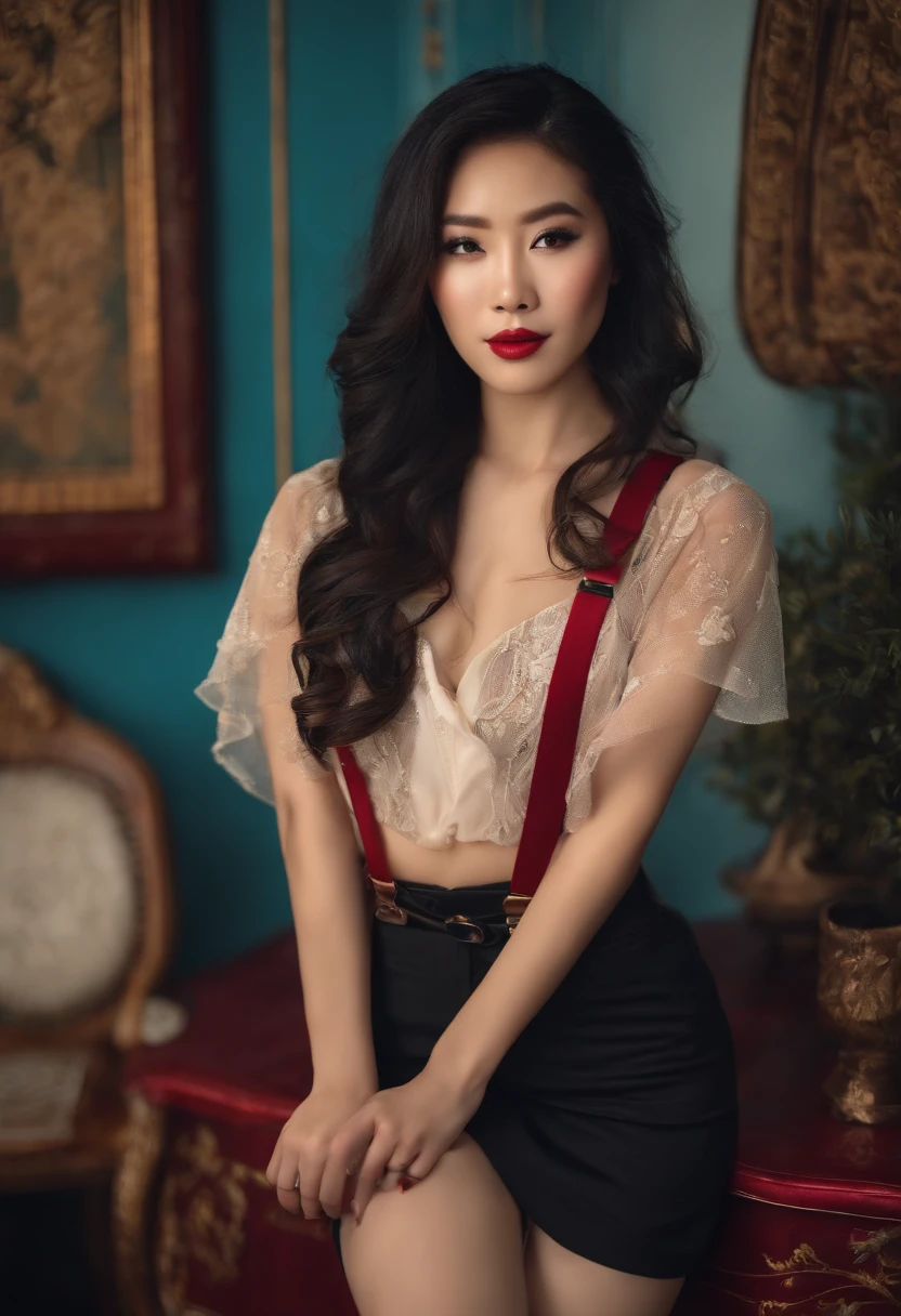 Sexy Asian wearing just suspenders