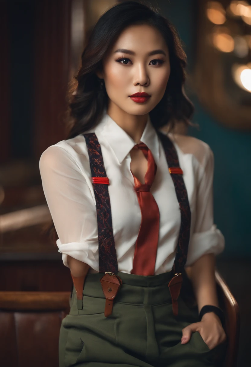 Sexy Asian wearing just suspenders