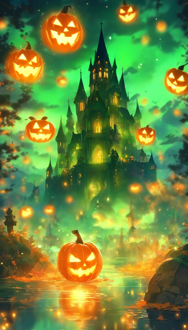 Halloween Floating Lights, Light and reflection in the film, glowing lights, Intermediate elements of the metaverse，Digital Painting, Bright Reflections, reflect, Halloween Jack-o'-lantern, Quiet night, Digital Illustration, lovely atmosphere, Skylight at night, Quiet atmosphere at night, Jack-o'-lantern, Halloween, it is night, Temon, The game scene, Halloween, Surrounded by clouds, Buildings in medieval Europe, Enamel Tile, ue, beautifuly color, There are three arches in the foreground((Tinted Ink)), ( (Splashing ink ) ), ((Splashing ink) inky})), tmasterpiece, High career, graphics beautiful, high details,magnifica, E-Cro, Church Towers, Green Lasers